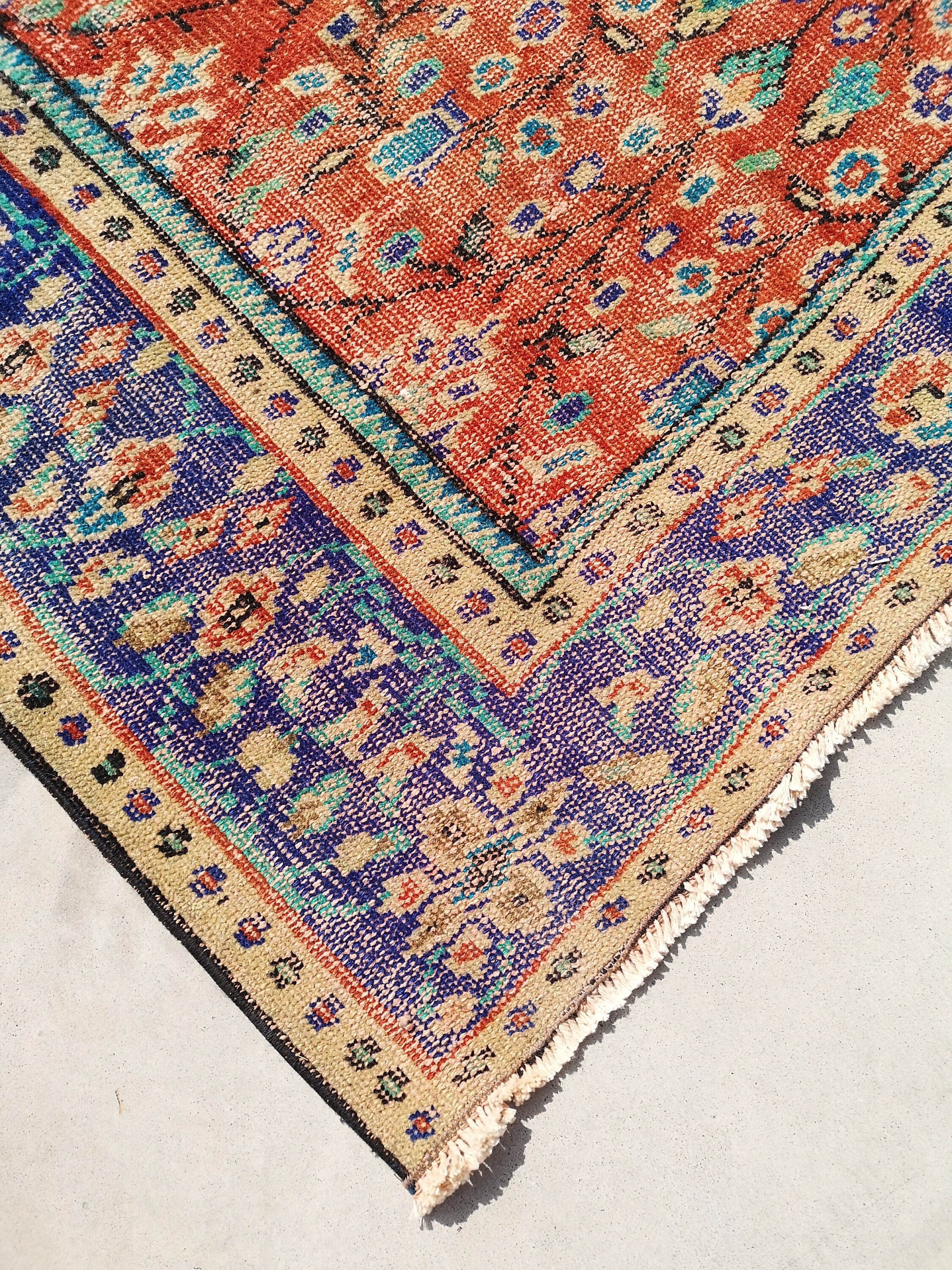 オレンジトルコ製ヴィンテージラグ、5.9 x 8.9フィート、ブルー