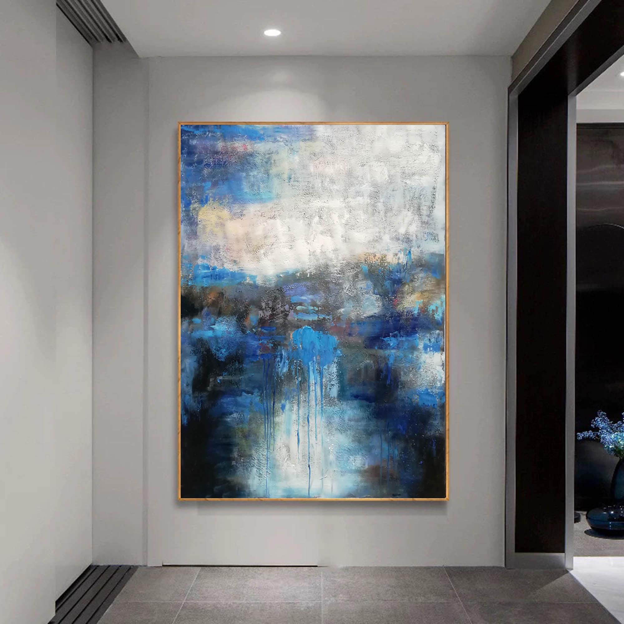 青い抽象画オリジナル大、現代抽象画、特大壁アートキャンバス、抽象