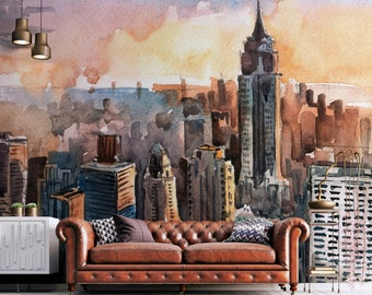 水彩画の高層ビルの壁紙 / アート壁紙 / 都市壁紙 / 多色壁紙 / 粘着