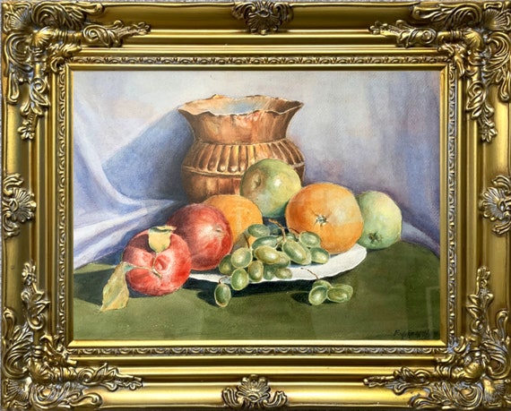 油絵 菅家令子 絵 絵画インテリア額付(青緑＋金色の枠)uF6-060103