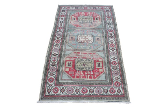 幾何学模様のヴィンテージラグ | 3.2x5.7 エリアラグ | 青いトルコラグ