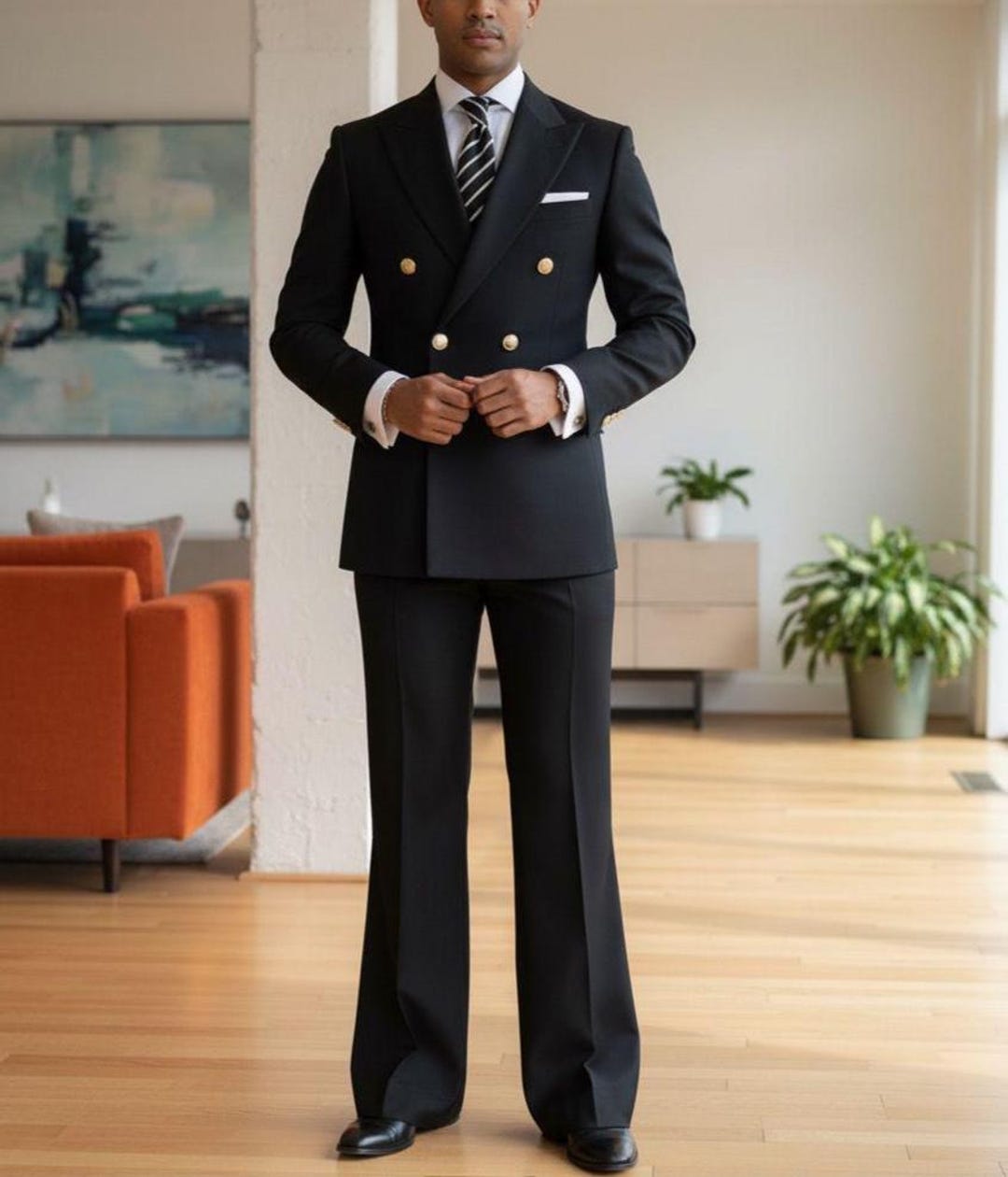 メンズ ブラック ダブルブレスト 70 年代 ワイドレッグ スーツ、結婚式