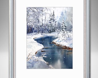 オリジナル水彩画「冬の森の絵画」雪景色（12x16インチ） - Etsy 日本