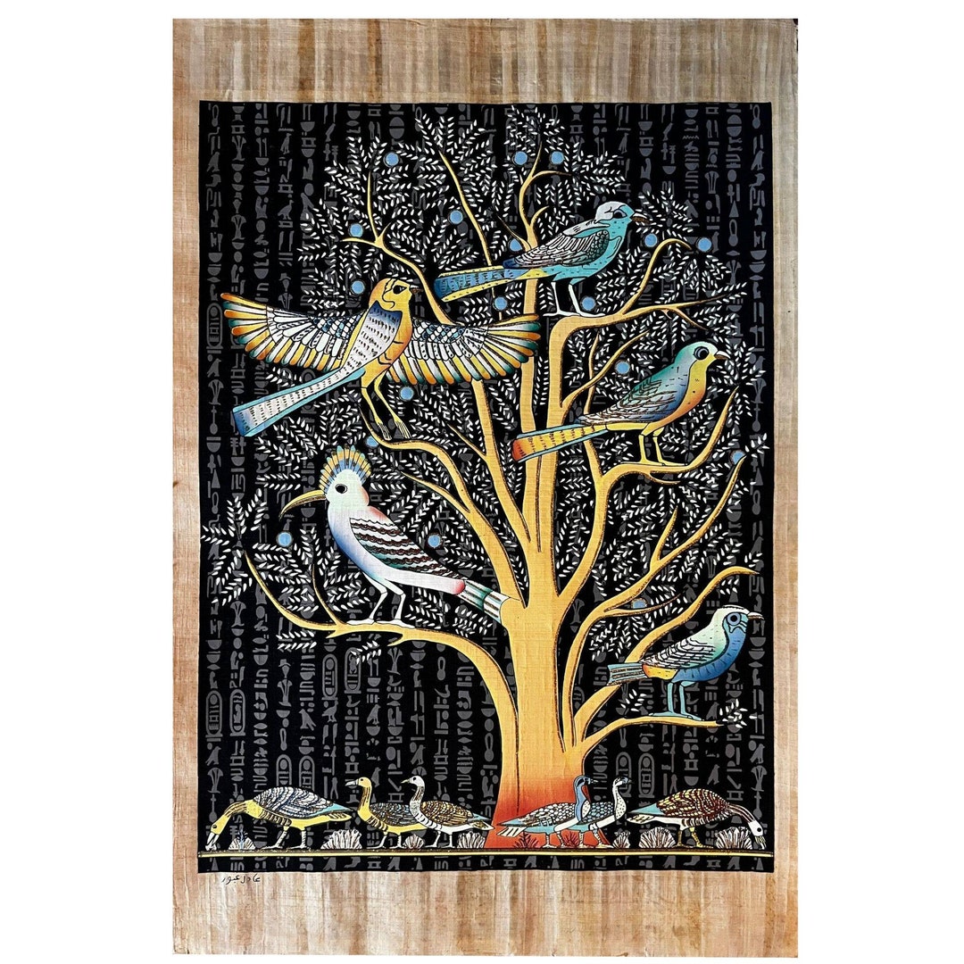 エジプトの生命の樹のパピルス画、暗闇で光る、手作りの壁アート