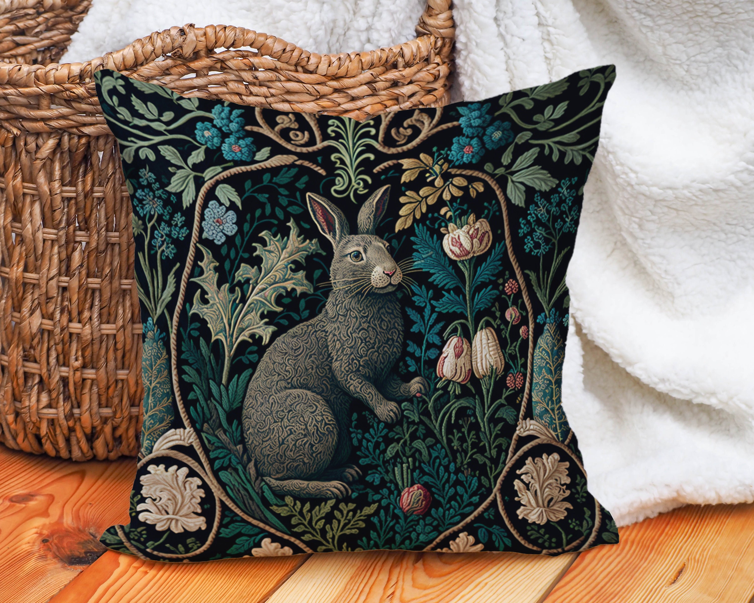 William Morris Rabbit Pillow - Easter Bunny Gift, Rustic Forest WM