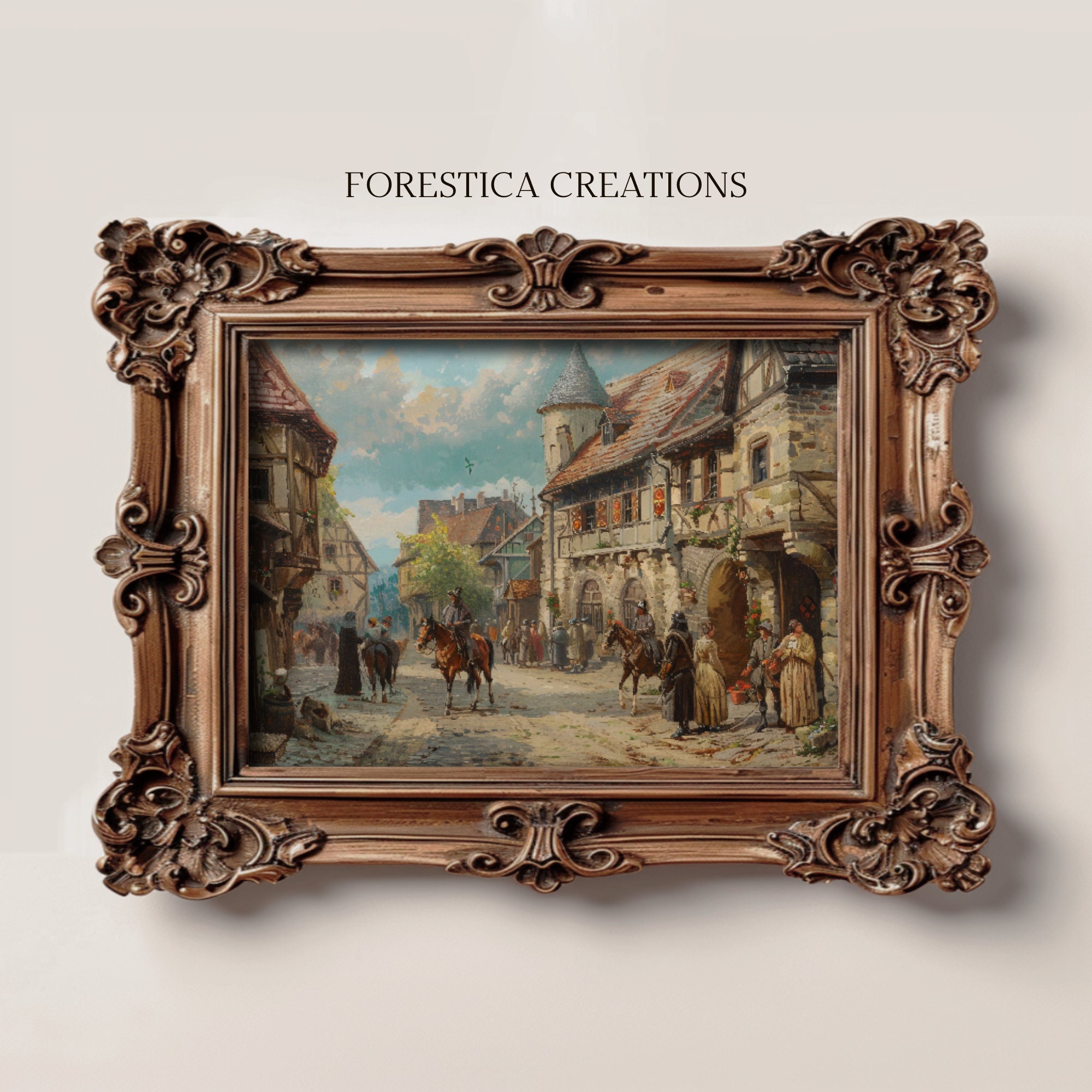 中世の街並み | アンティーク絵画の美学、ファンタジーダンジョンズ