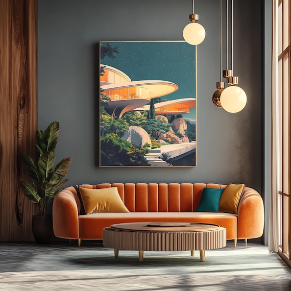 Retro Futuristic Space Age Architecture Artwork, Mid-century