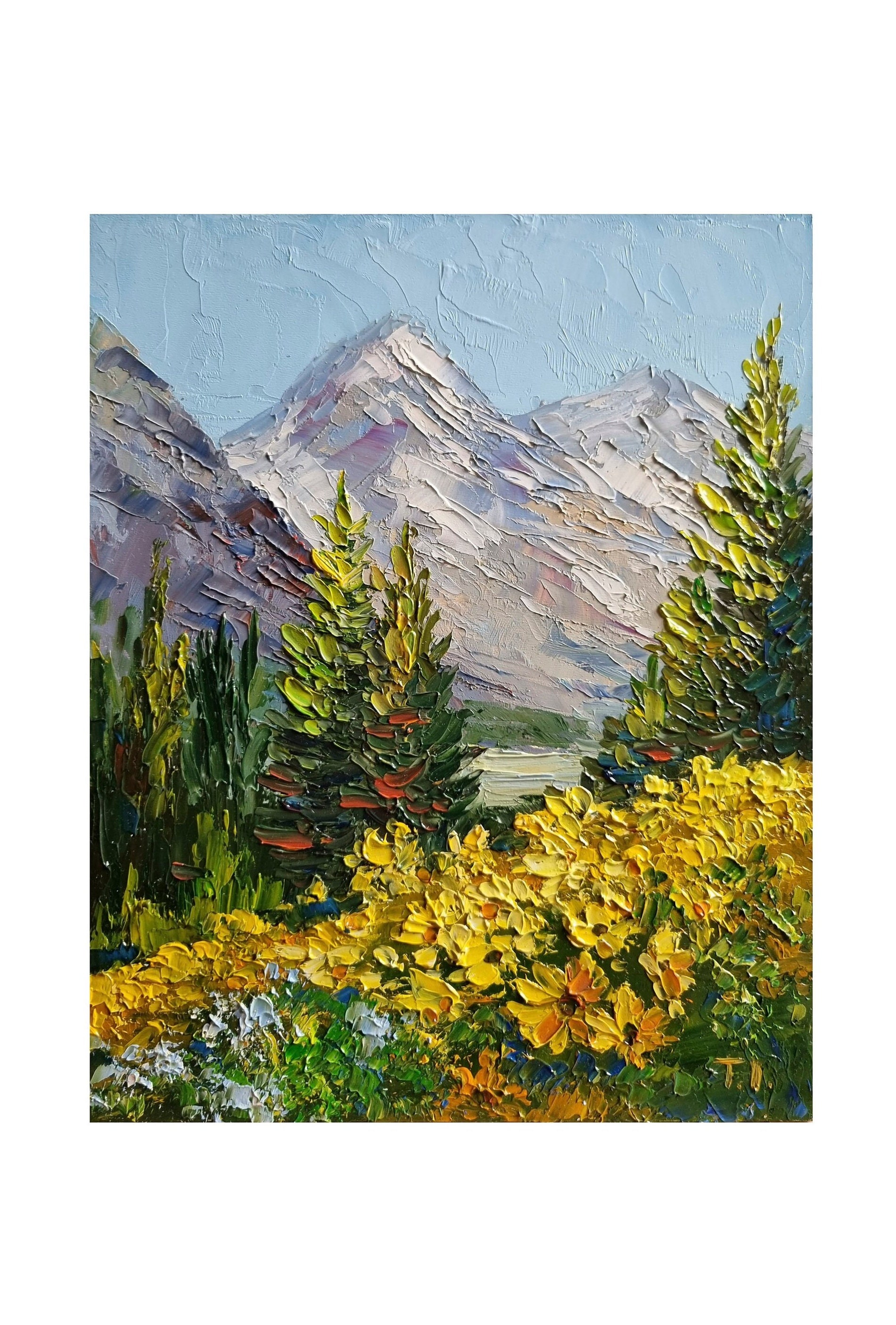Teton Field Flowers Oil Painting, Impasto Mountain Landscape Art