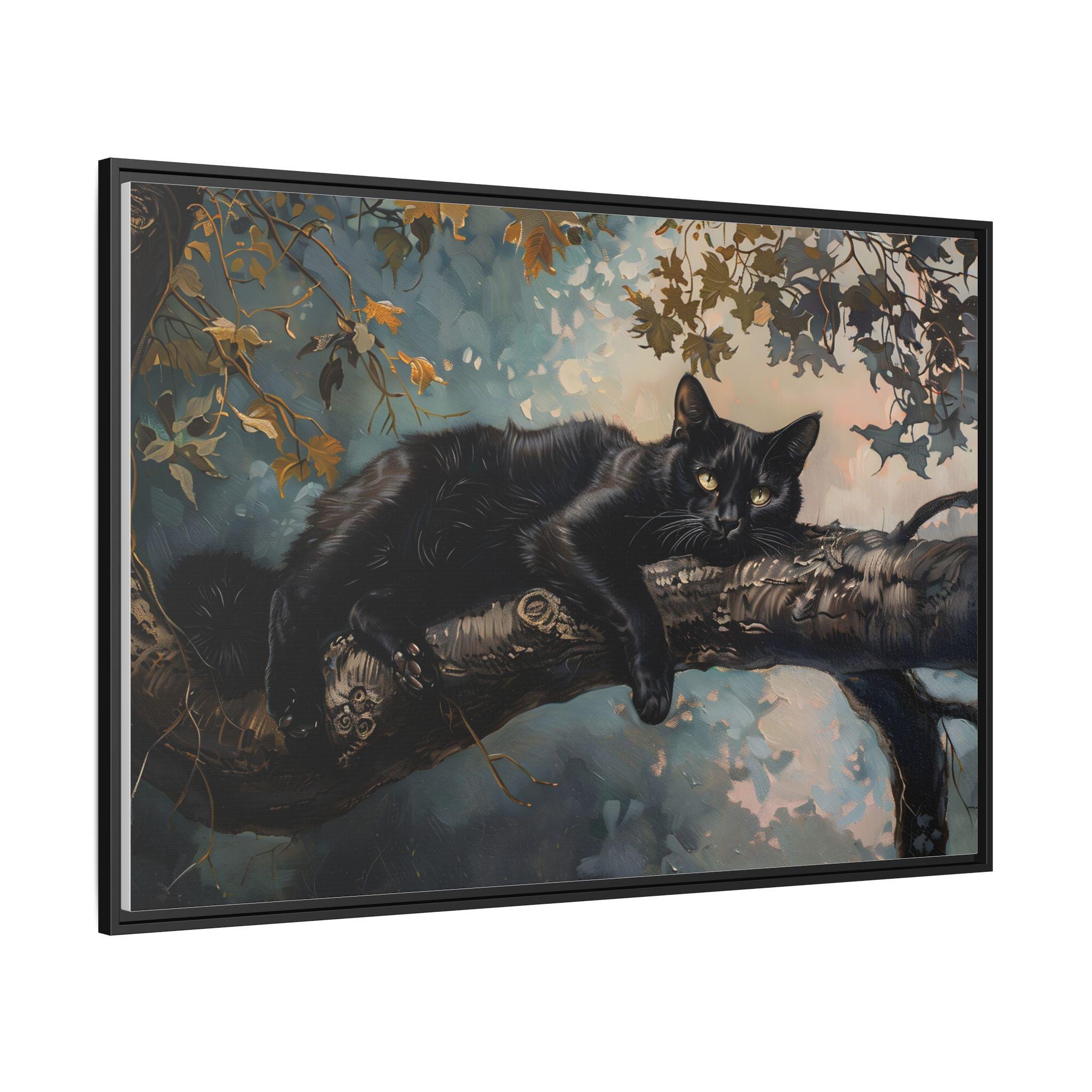 木に寝そべるクールな黒猫の油絵（キャンバスウォールアートプリント
