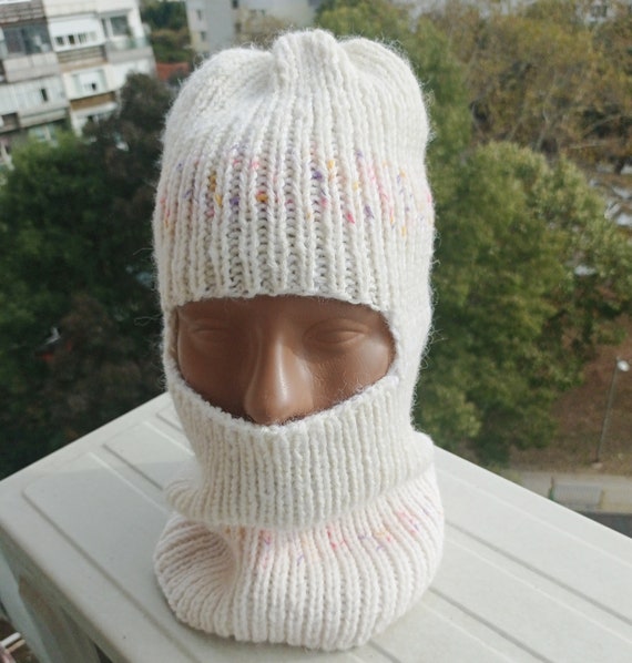 Hand-knitted Women Wool Balaclava, White, Black, Red, Face Mask