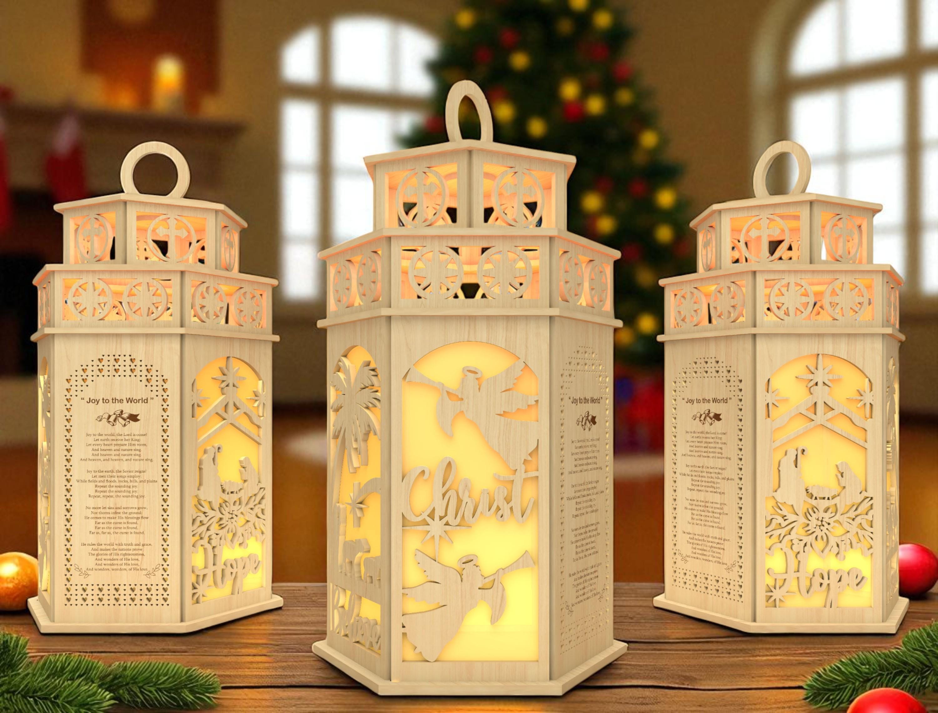 DIY木製クリスマスランタンレーザーカットファイル、賛美歌と聖書の