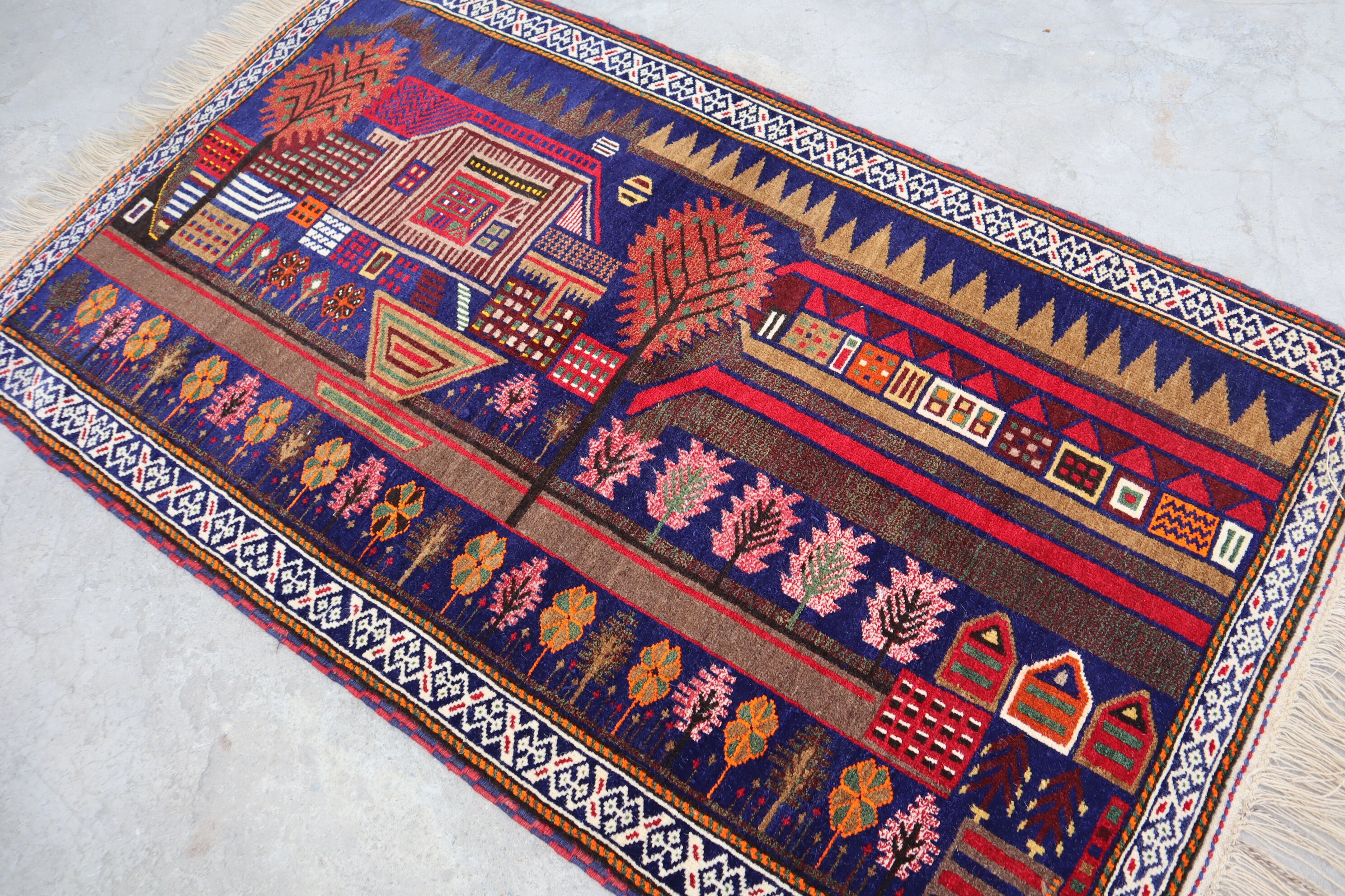 ヴィンテージアフガニスタン手織り段通 193×112 幾何学模様の