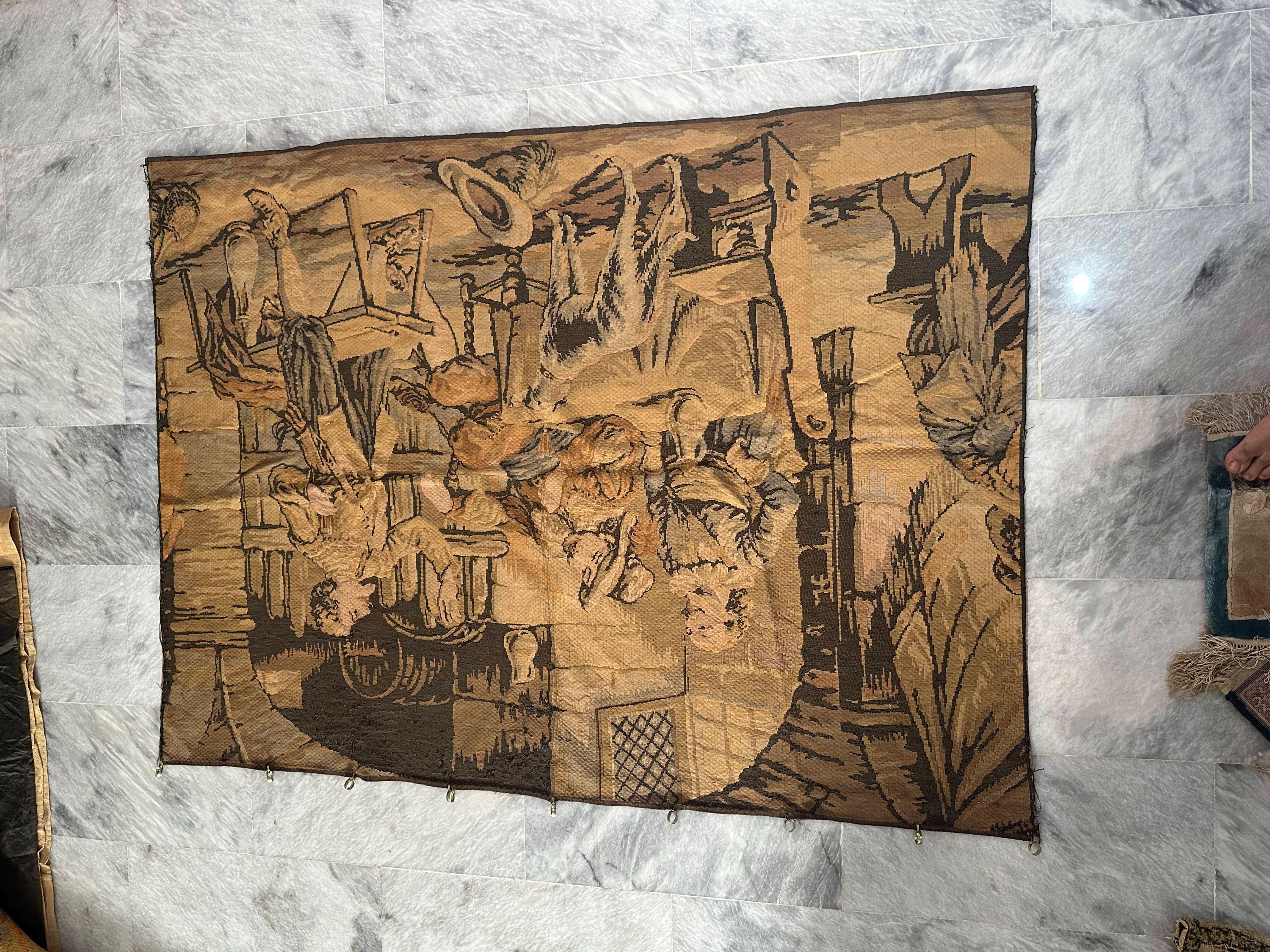 アンティーク 1900 年代 フランス 壁掛けタペストリー | 素朴な居酒屋