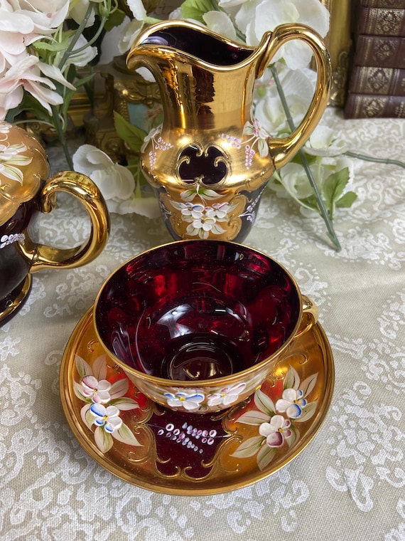 Vintage Murano Venezia Cranberry Glass Tea Set - Etsy