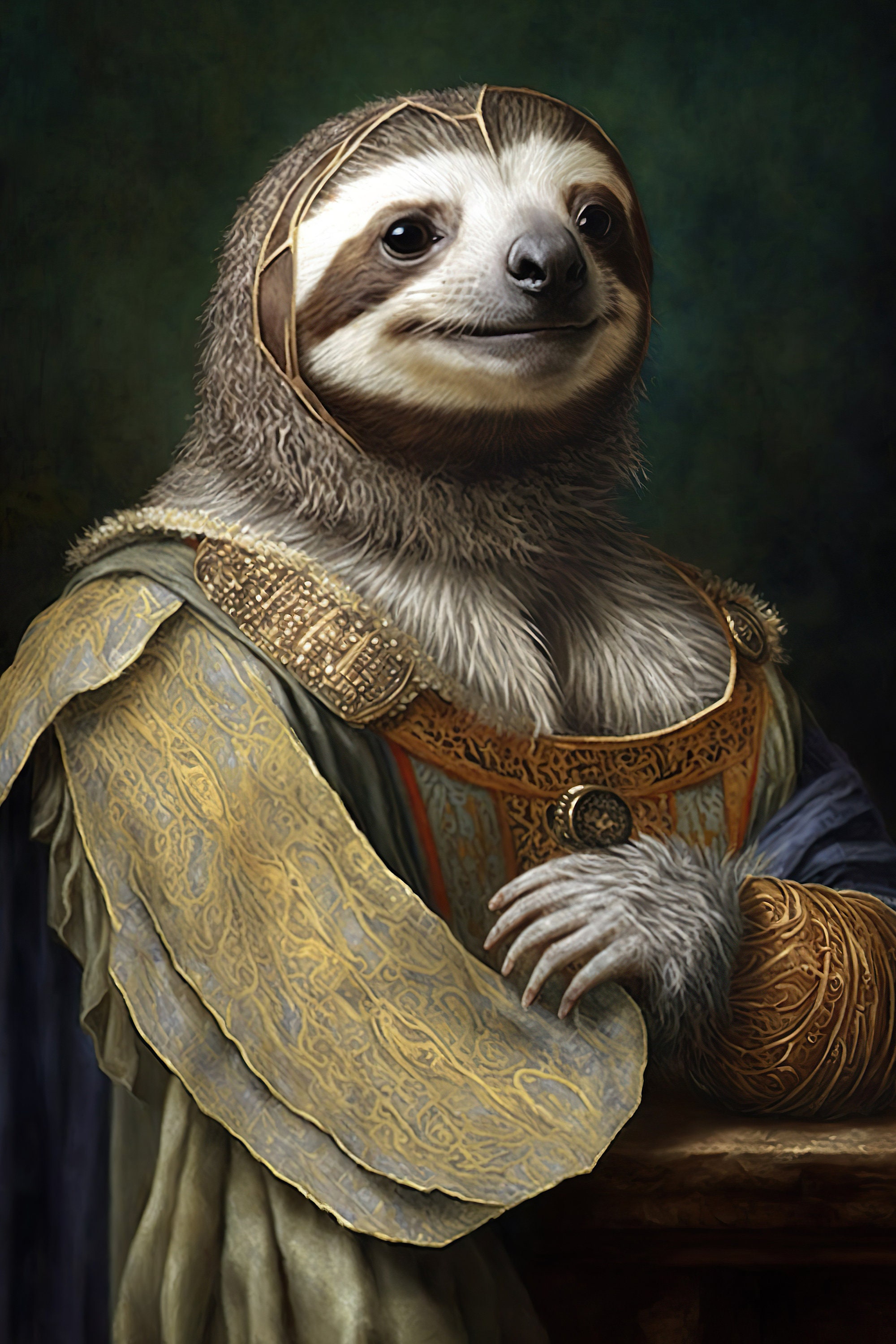 貴族のナマケモノのルネサンス肖像画：愉快な動物アート（デジタル