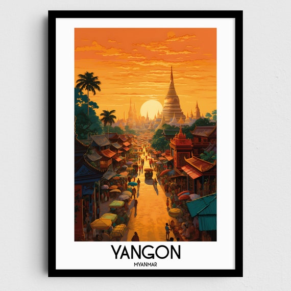 ヤンゴン・ミャンマー・アートプリント、アジア旅行ポスター（デジタル