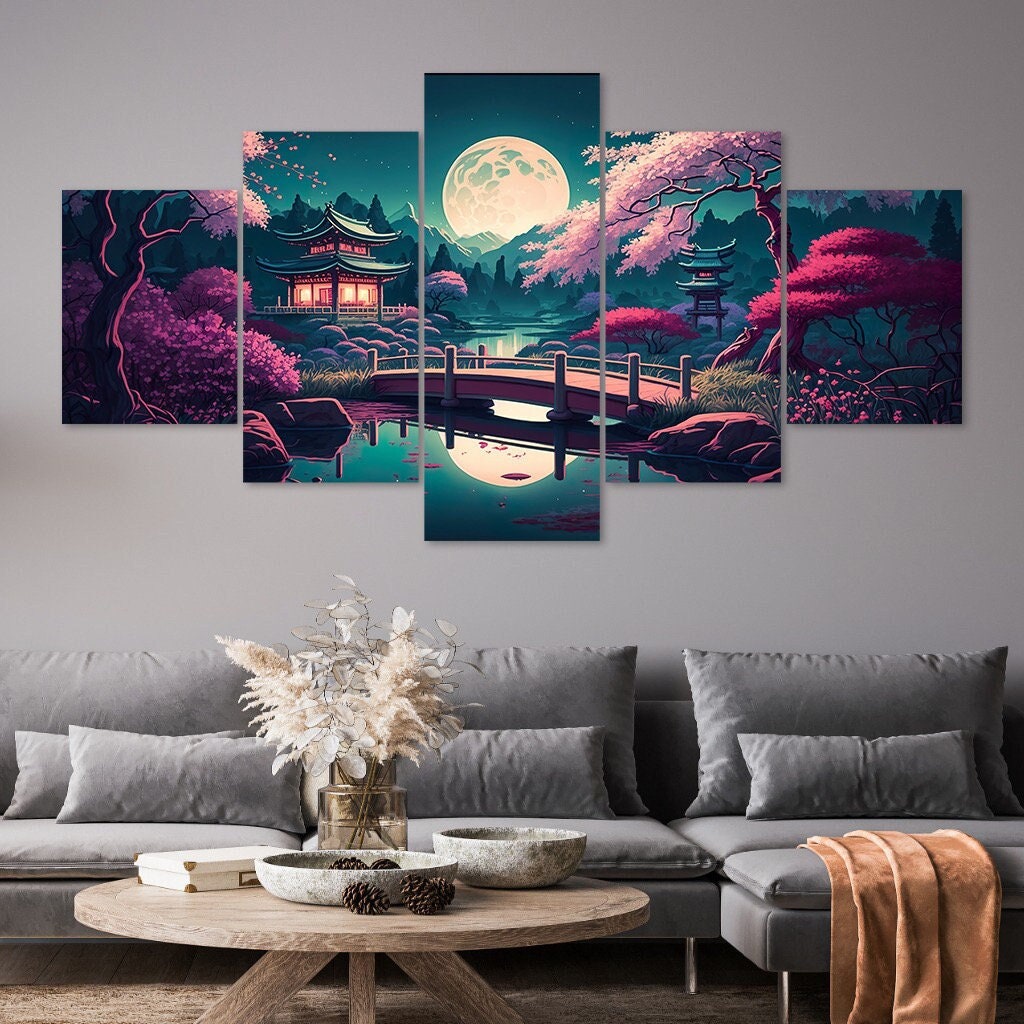 Japanese Garden Cherry Blossoms Full Moon 5 Piece Canvas Wall Art