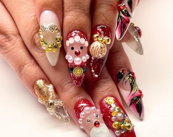 キラキラ輝く 3D クリスマス ツリーとベイリーフのプレスオン ネイル