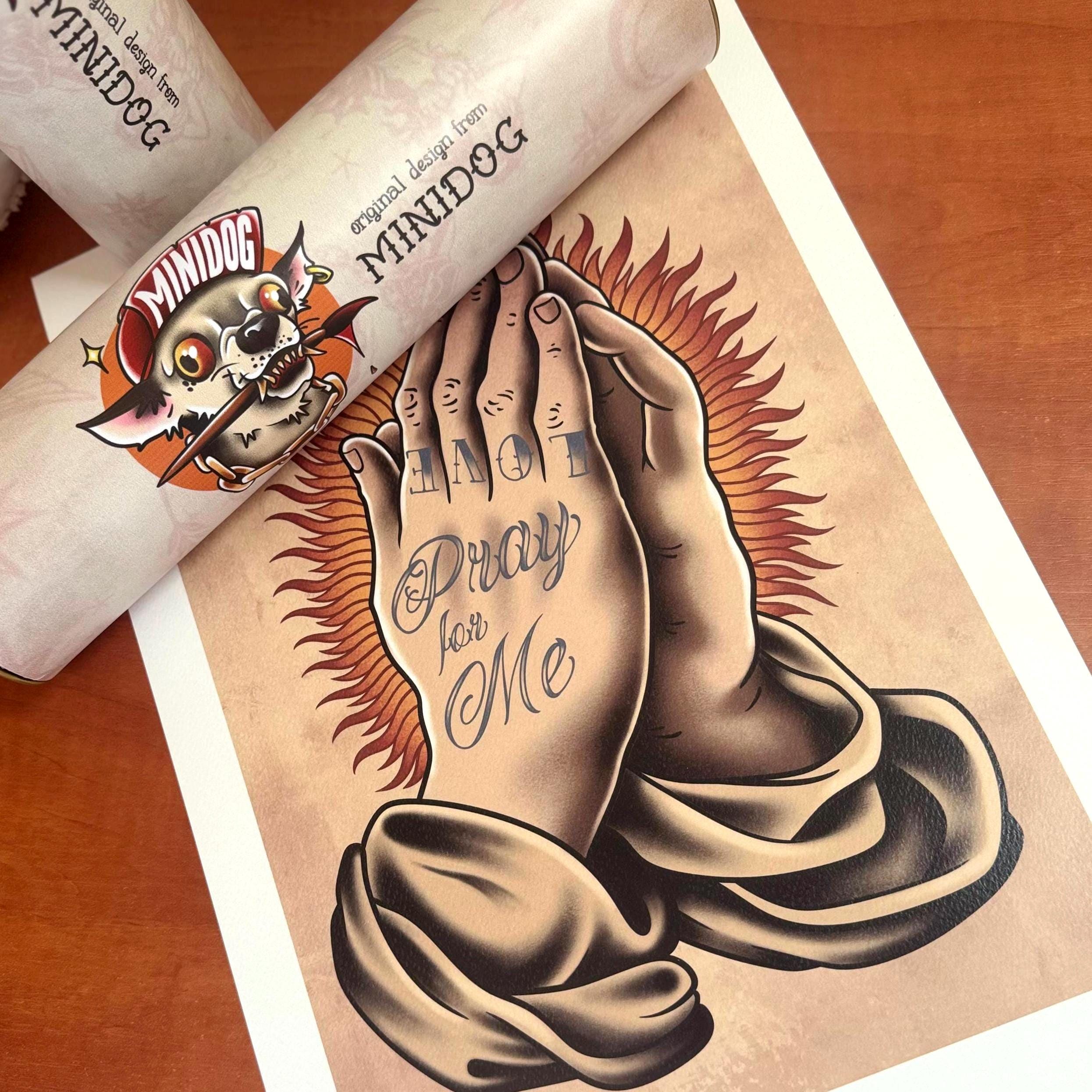 Praying Hands Tattoo Flash Art Print – Old School Ink Drawing