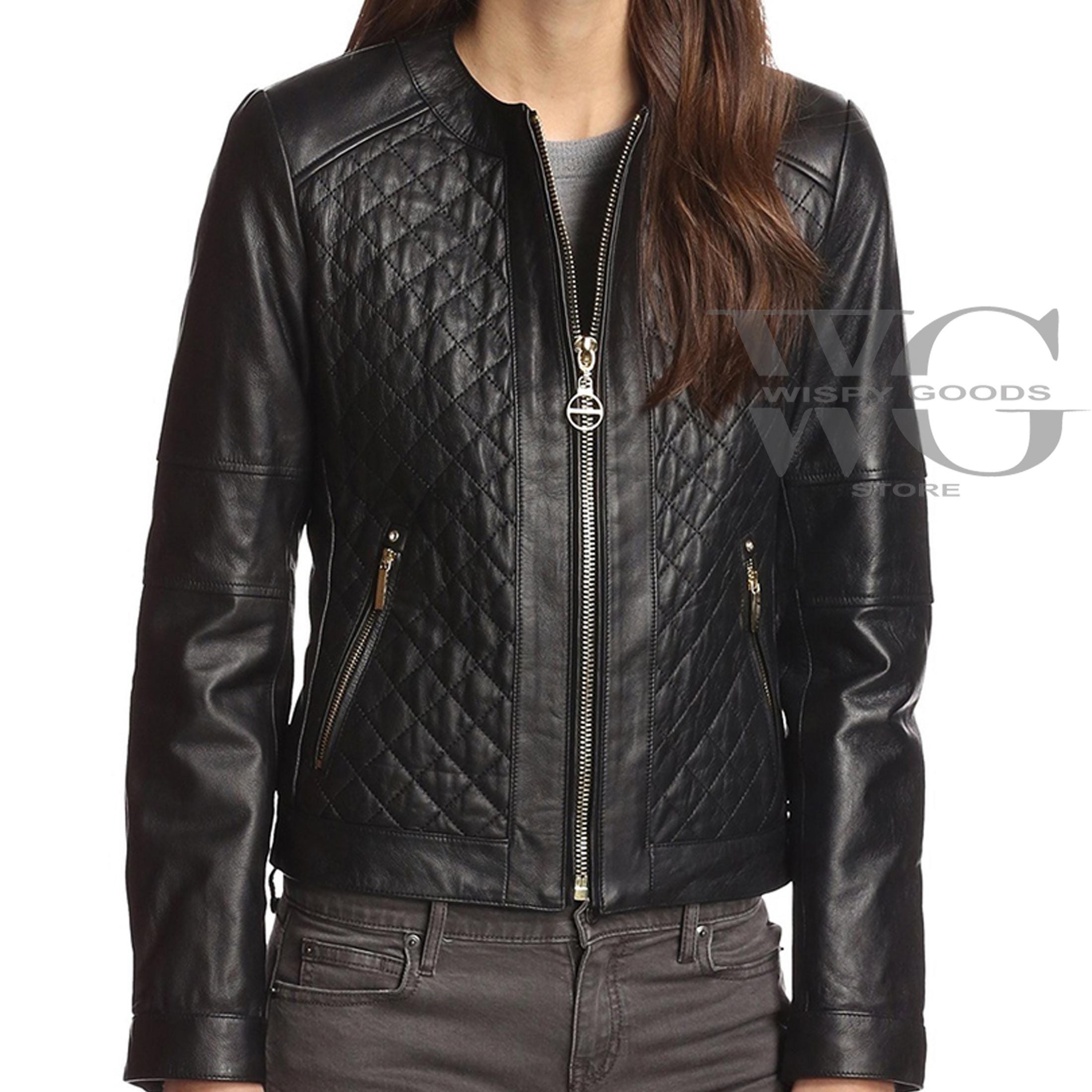 レディース ブラックレザーキルティングジャケット - フィットバイカー