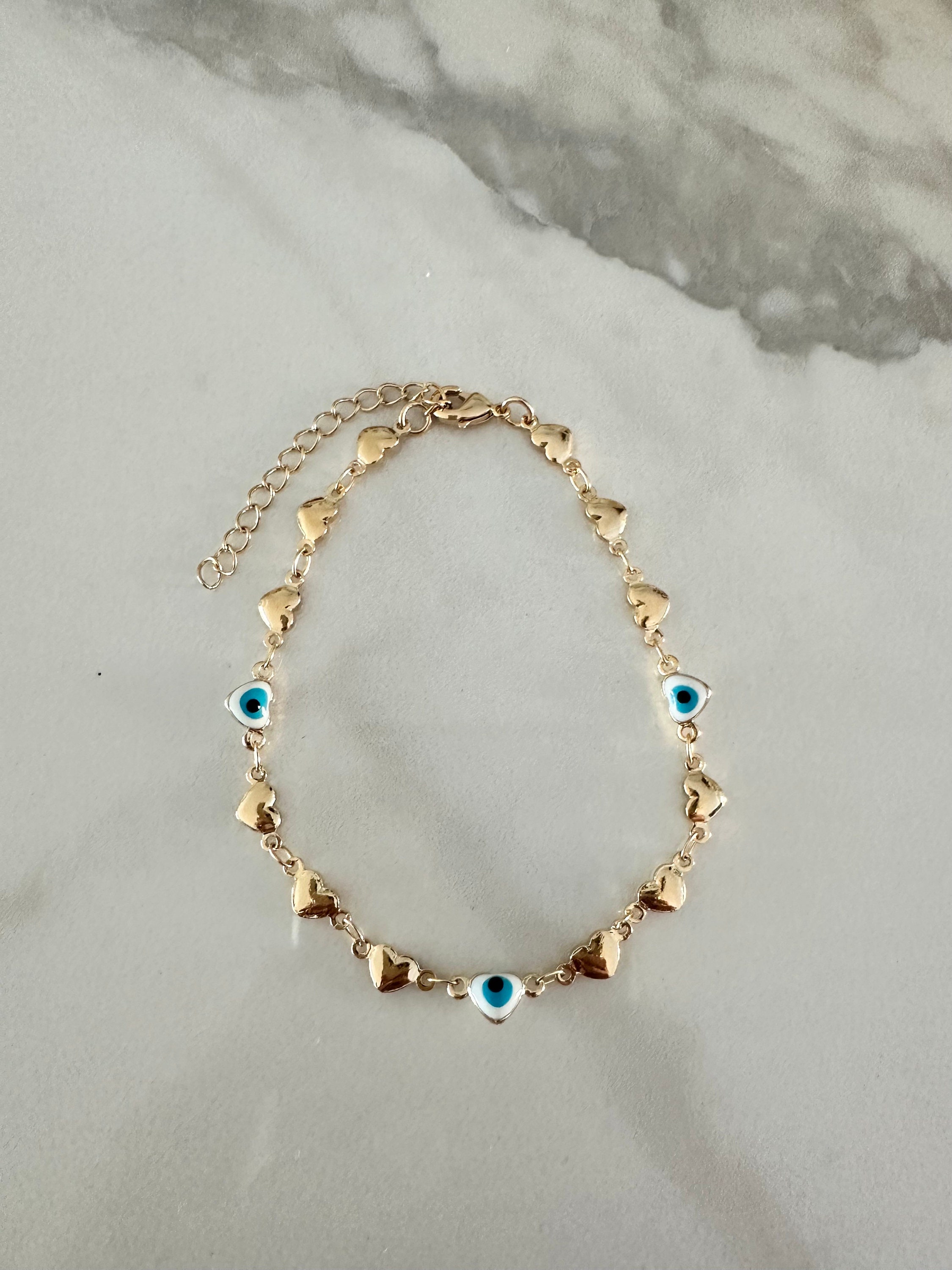 18Kゴールドフィルドハートブレスレット：ターコイズイービルアイ