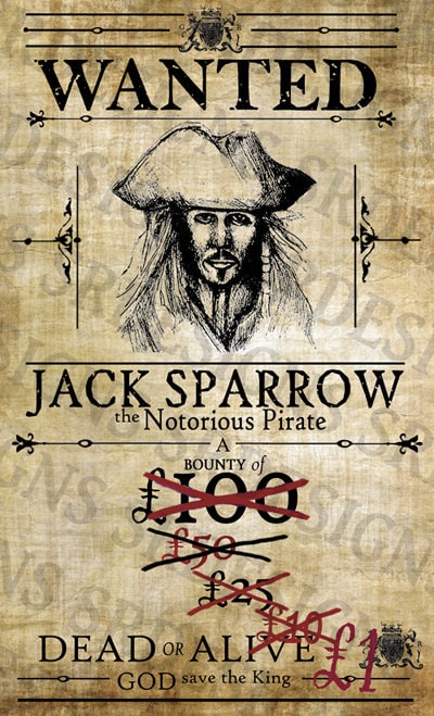PRINTABLE 5 Pack Pirates of the Caribbean 'WANTED' Posters - Jack