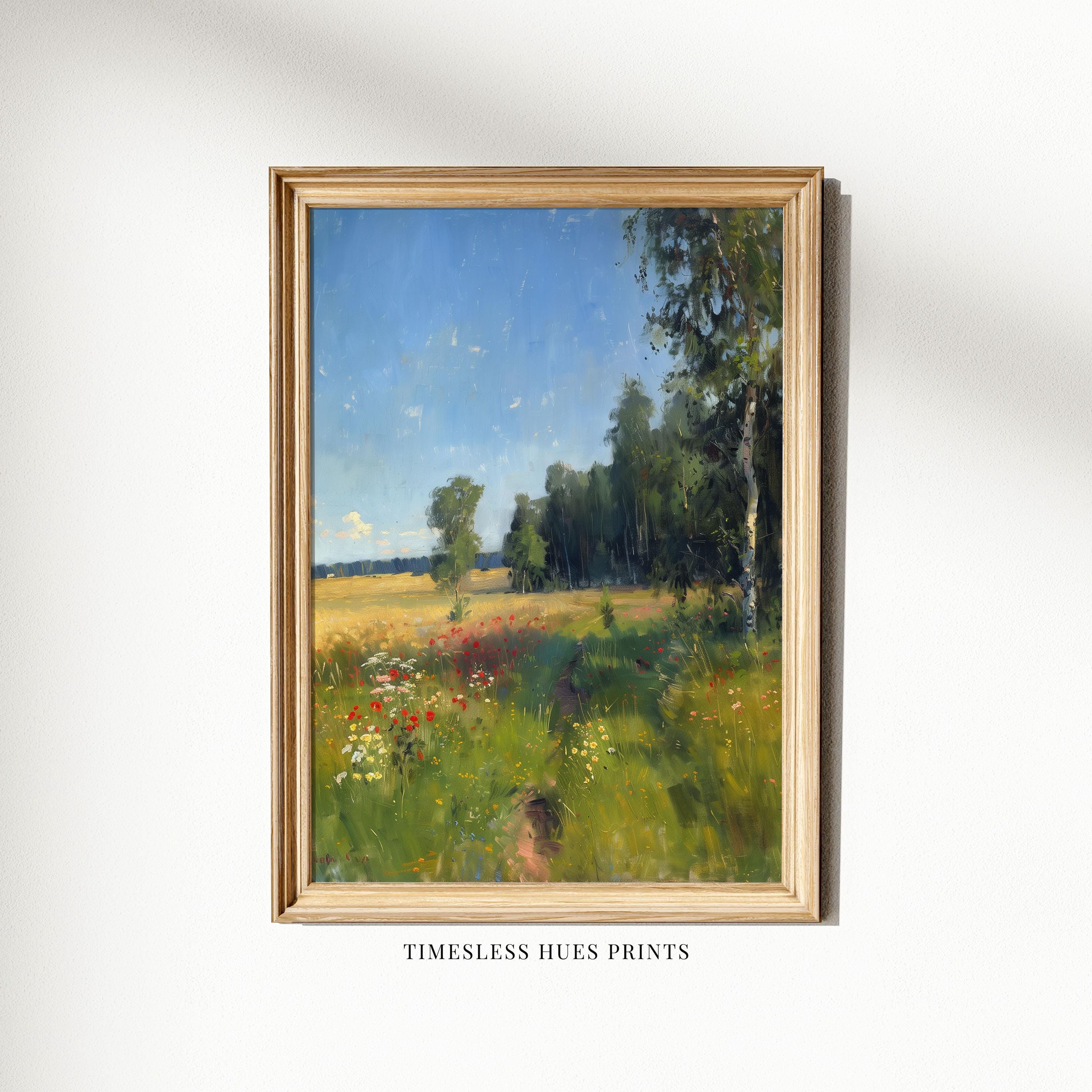 白樺の木の風景画、夏の田園風景の油絵（デジタルダウンロード