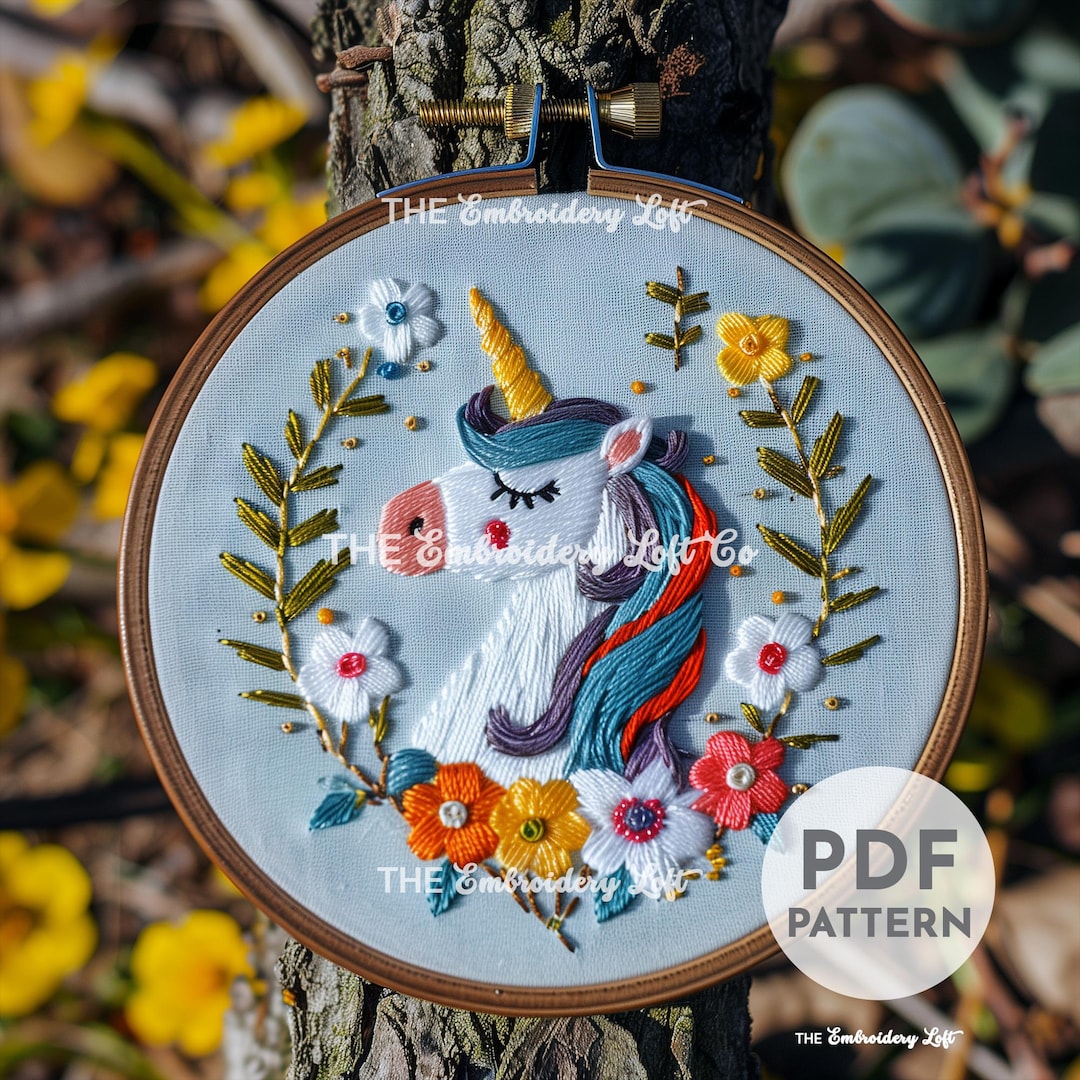 ブルー ユニコーン ハンド 刺繍 パターン、ユニコーン 刺繍 パターン