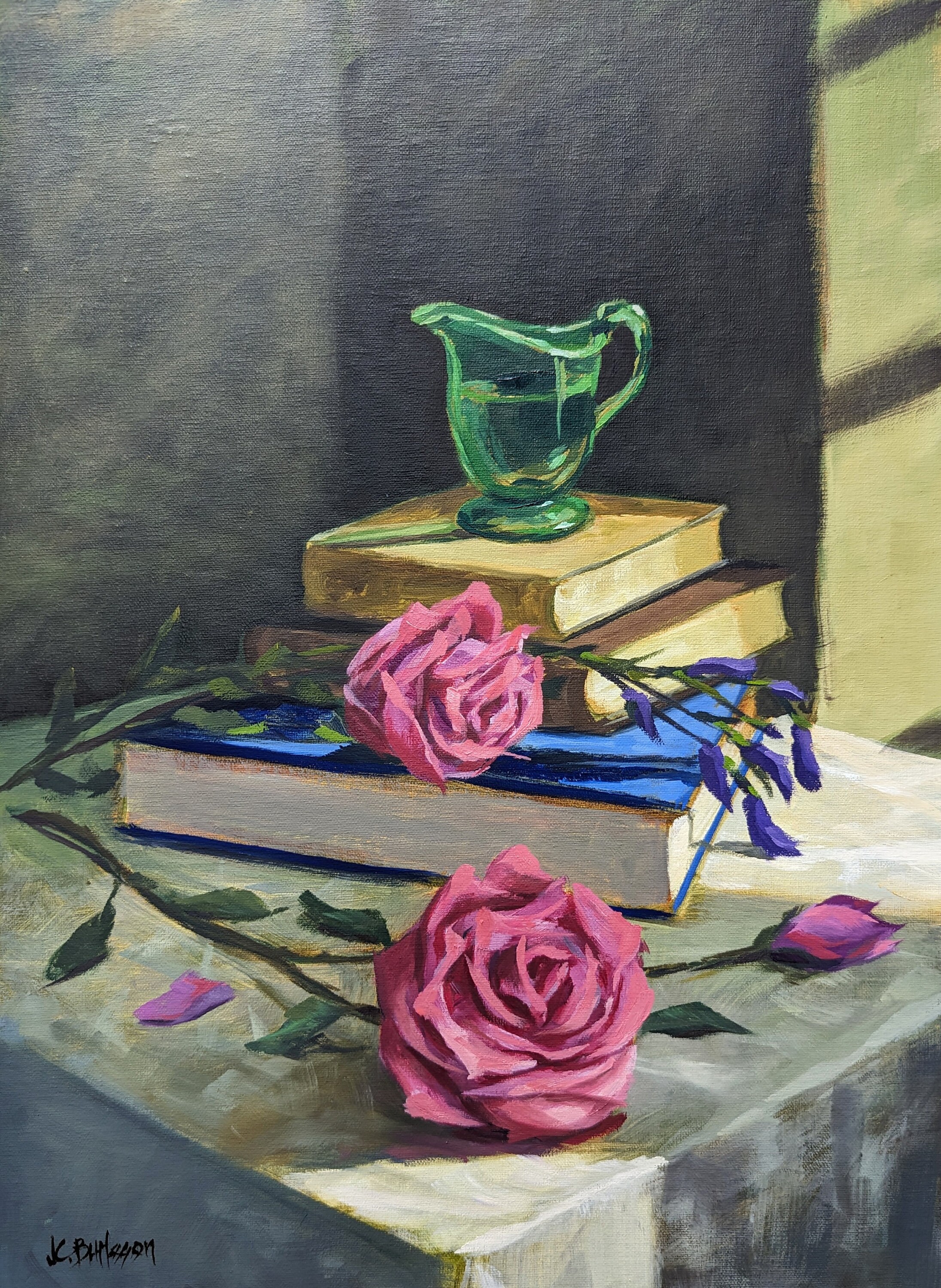 ピンクのバラの油絵：オリジナルの花の静物画（12x16） - Etsy 日本