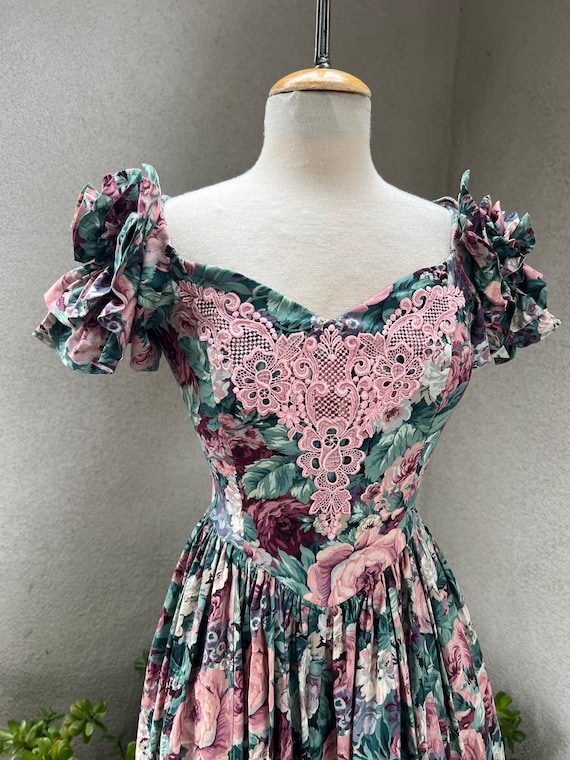 Vintage Jessica Mcclintock Bridal Pattern Green Pink Floral Dress