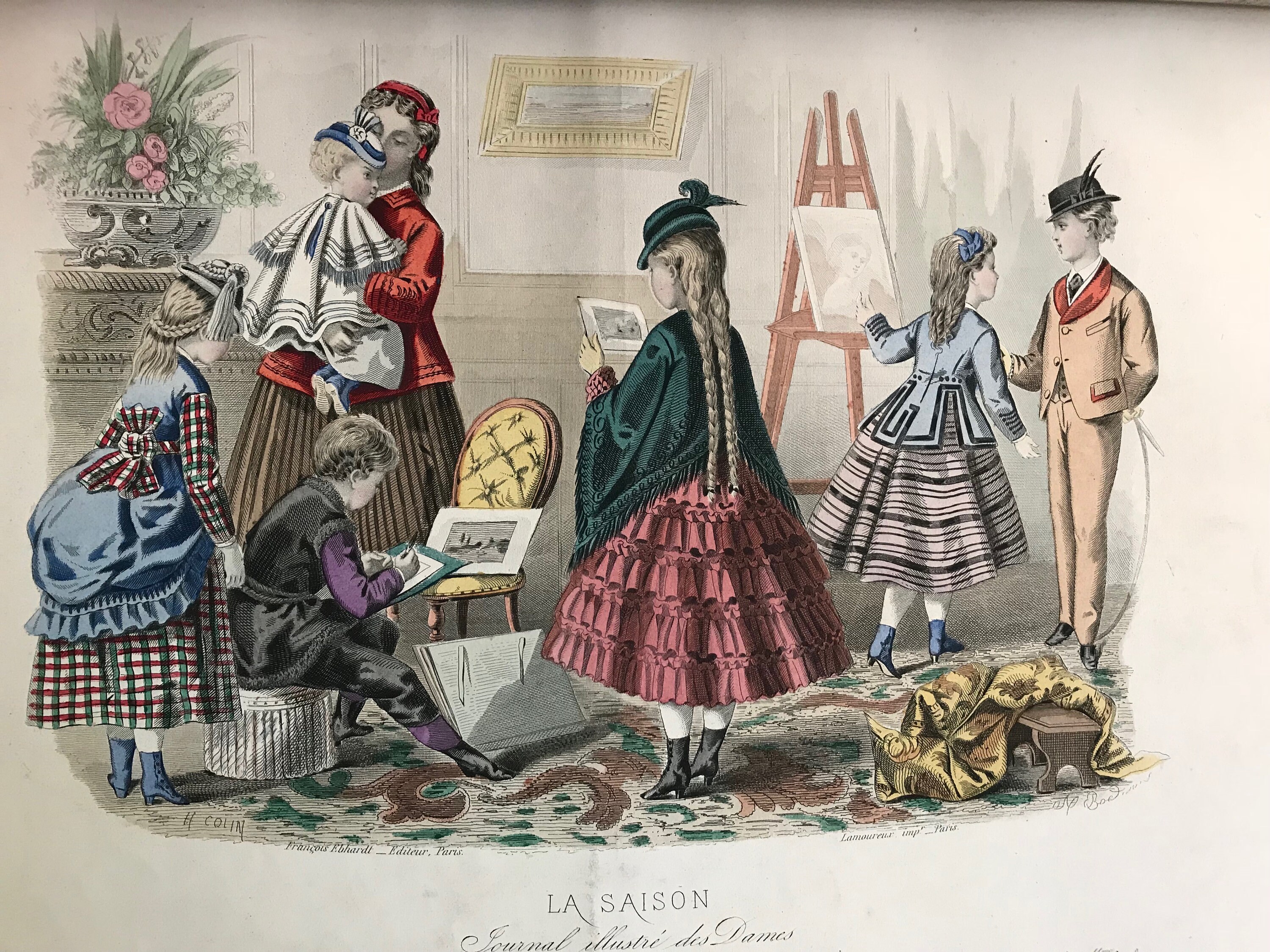 19th C French La Saison Leather Bound Book, 1869, 1870 Book Plates