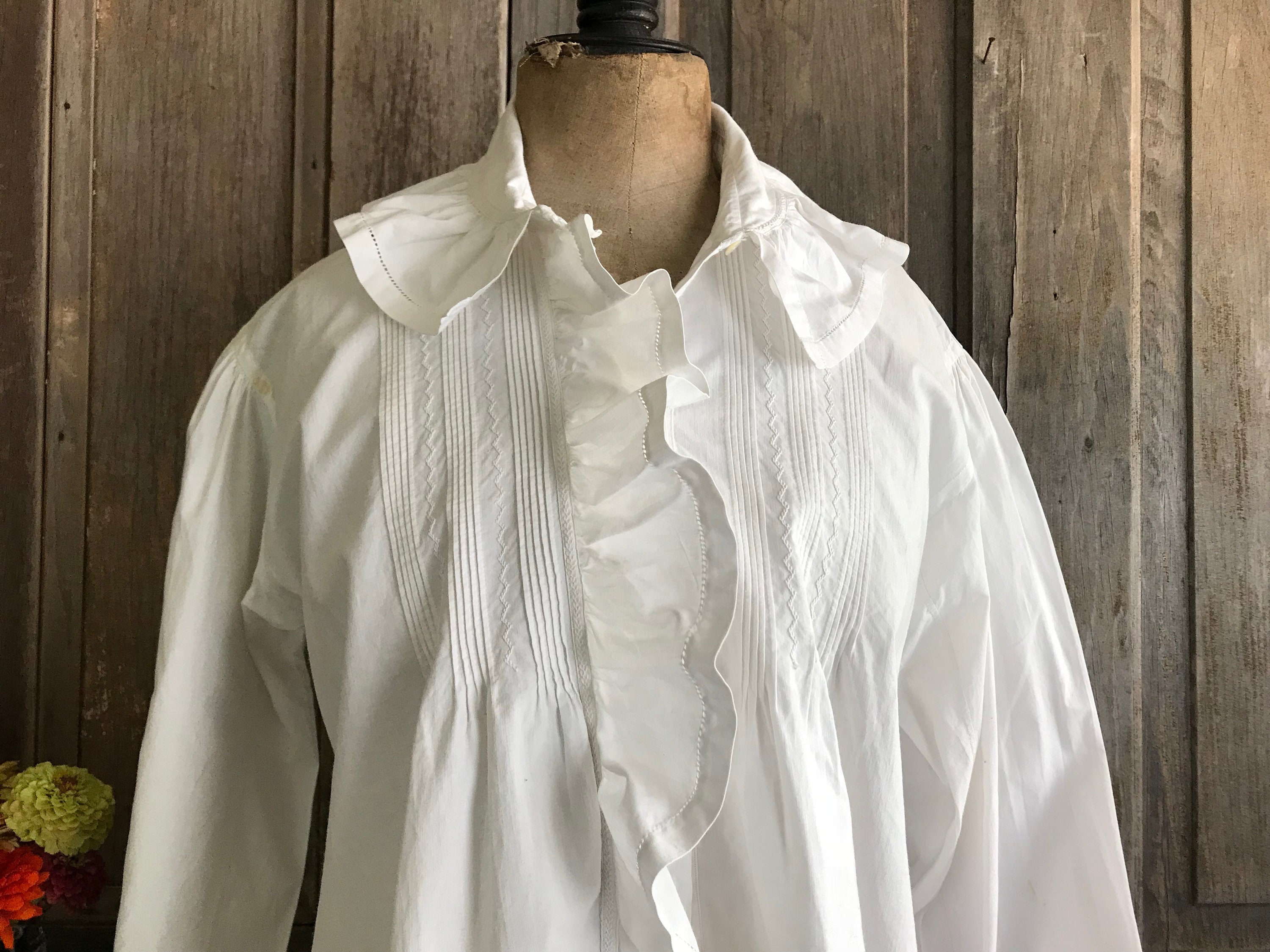 French White Cotton Chemise Blouse, Flounce Chemisier, Ruffle