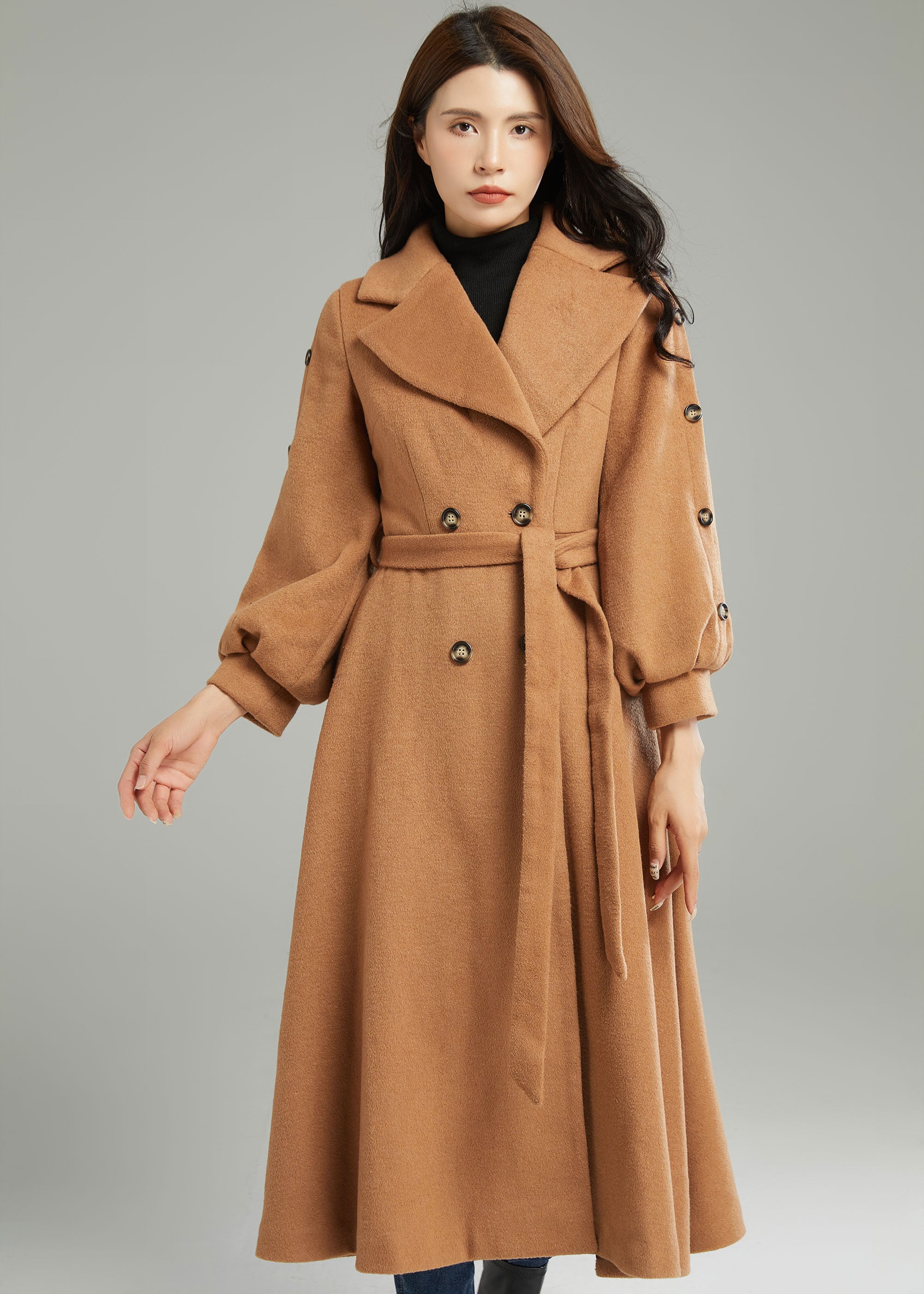 レディース冬用ダブルブレストコート ブラウンウールロングジャケット