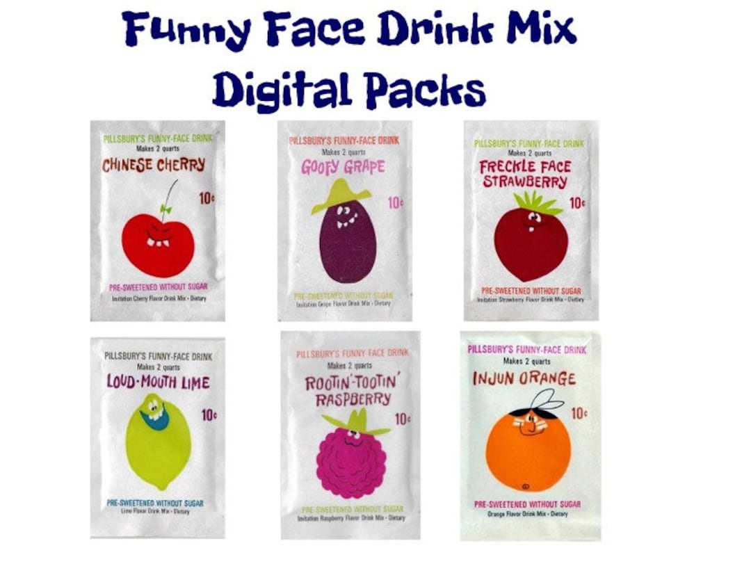 Set of 6 Vintage 1960s Pillsbury Funny Face DIGITAL Drink Mix