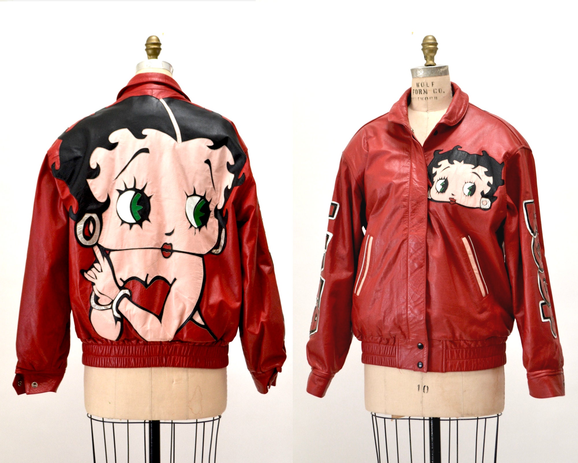 80s 90s Vintage Red Leather Jacket With Betty Boop Jacket// 90s