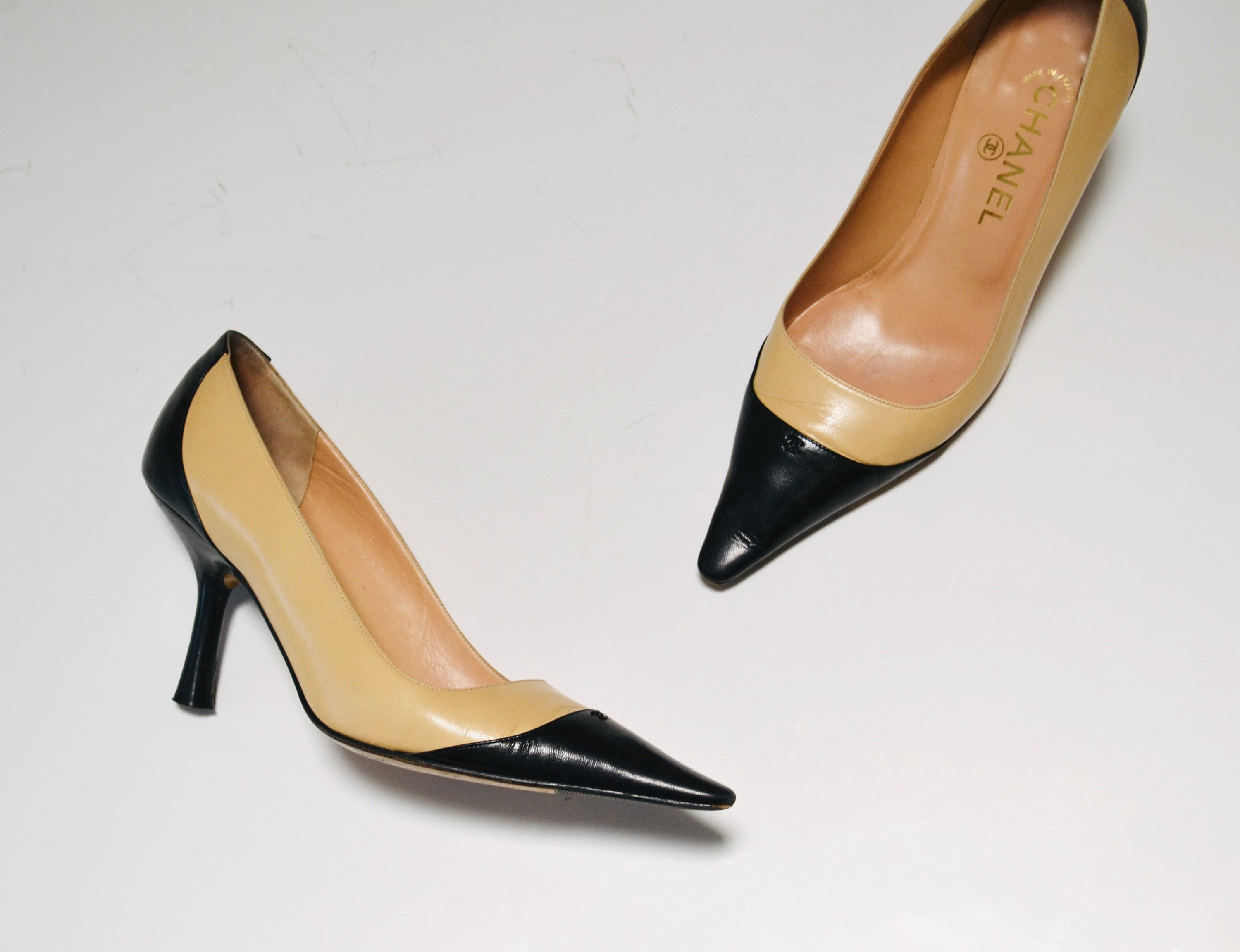 Vintage Chanel Leather Pumps Black Tan Chanel High Heels Pumps