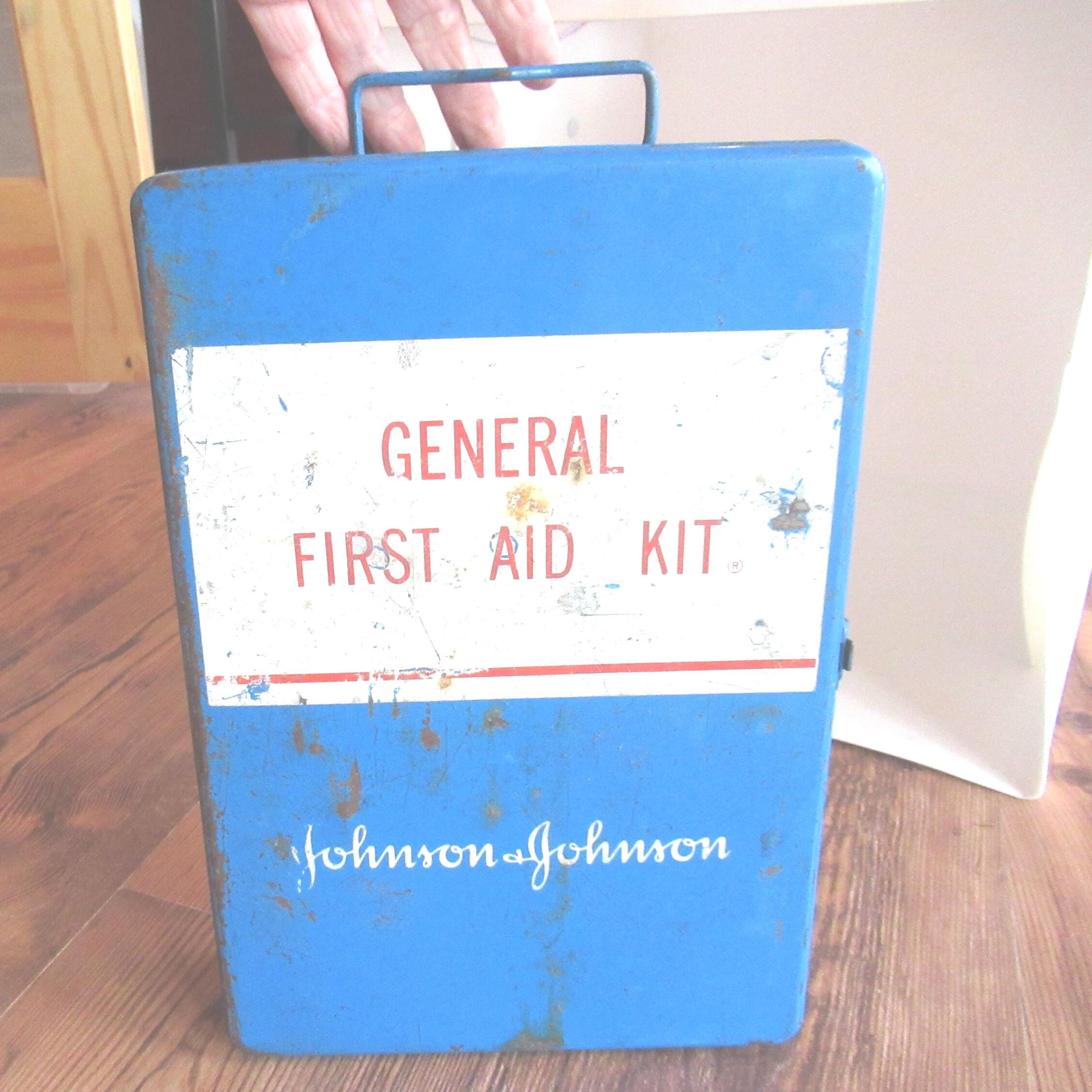 Vintage Johnson & Johnson General First Aid Kit Blue Metal Hinged