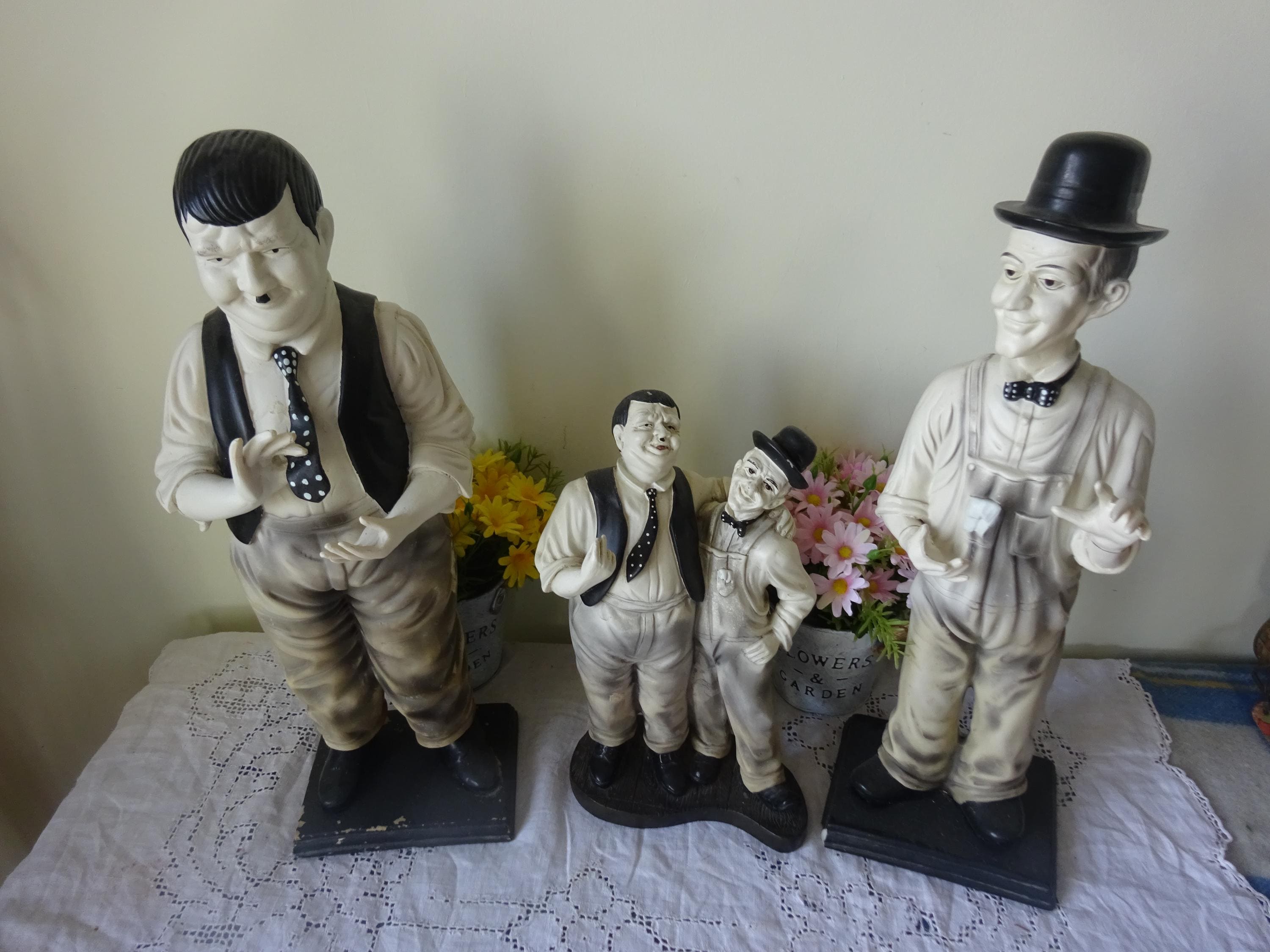 3 Large Vintage Ceramic Hand Painted Statuettes of Laurel & Hardy