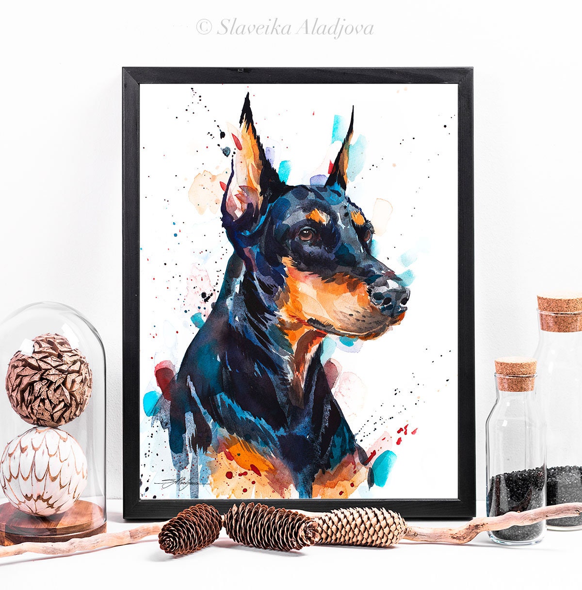 スラヴェイカ・アラジョヴァ作「ドーベルマン犬」限定版水彩画アート