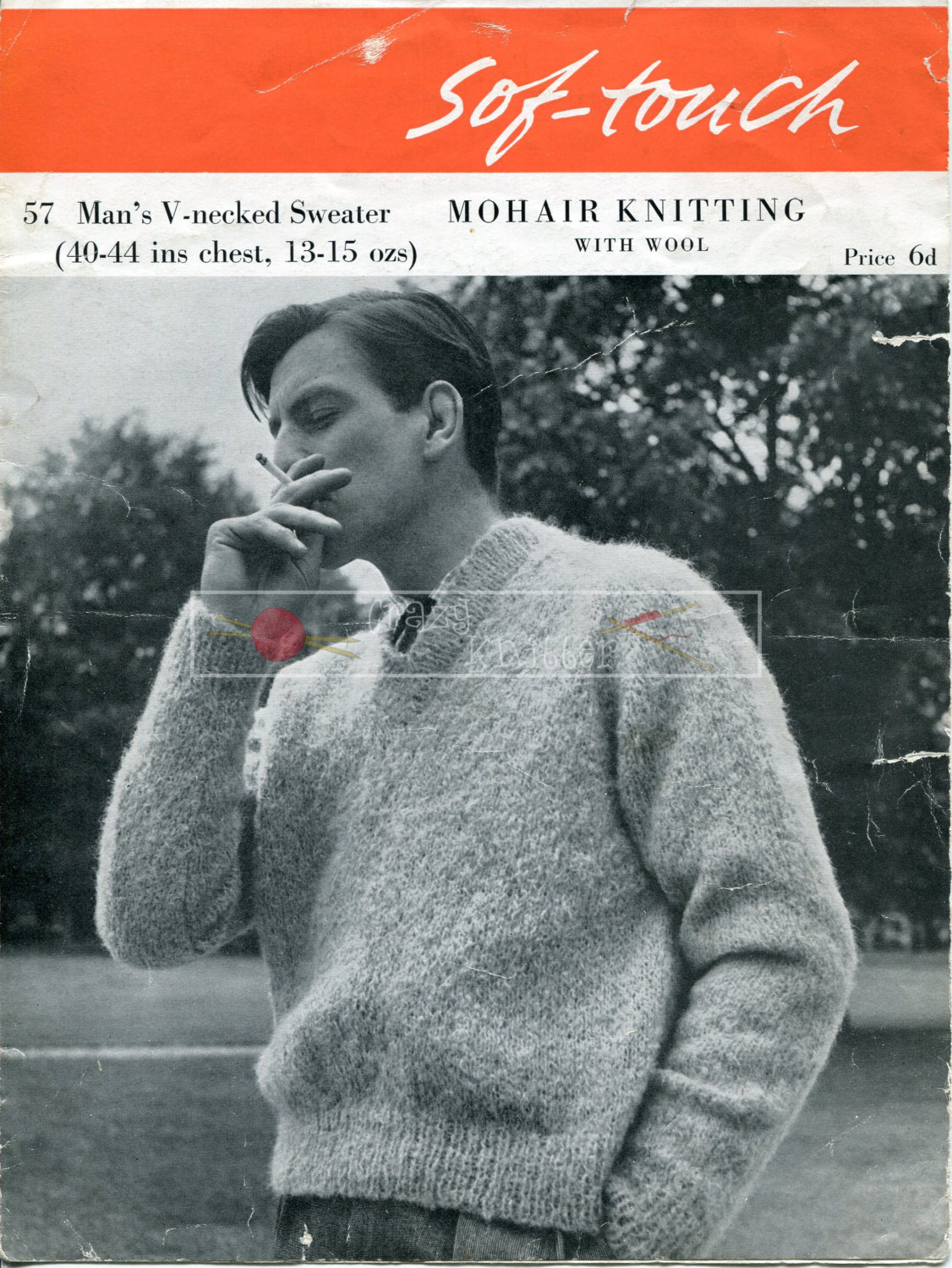 Men's V-neck Sweater Mohair 40-44ins Sof-touch 57 Vintage Knitting