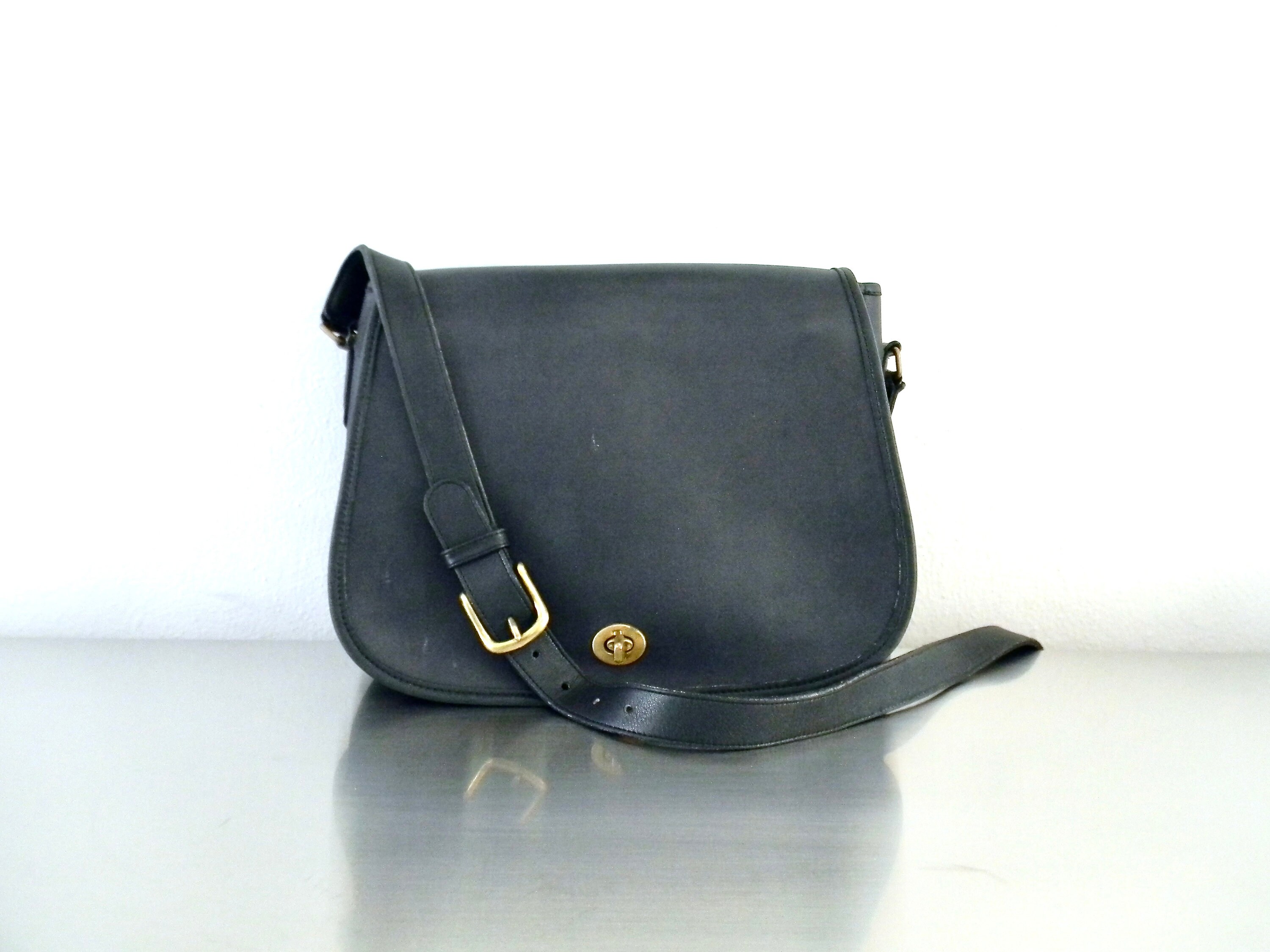 Refurbished 80s Vintage Coach Dark Navy Leather Ranch Bag