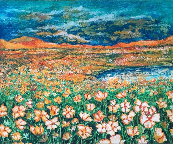 オイルパステル風景画、壁画、自然画、オイルパステル画、花のアート