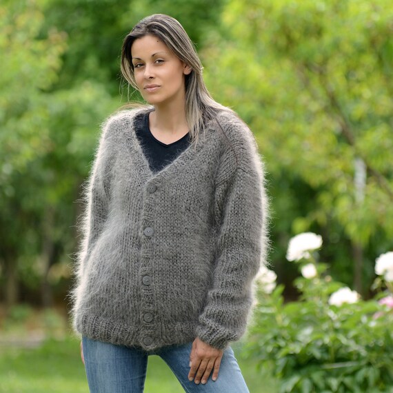 Mohair Cardigan, GRAY Fuzzy Coat, Fluffy Jumper, Hand Knit Jersey