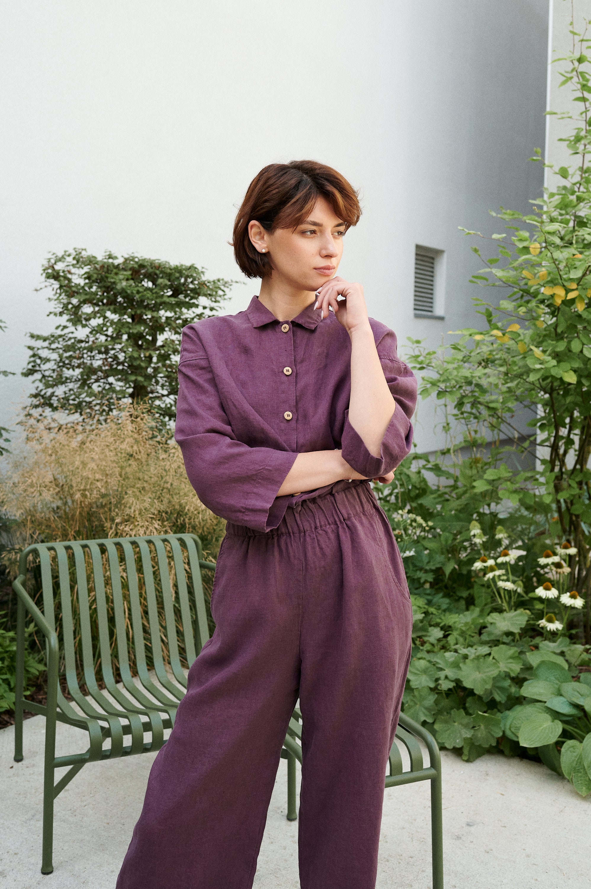 Work Eggplant Violet Jumpsuit - Washed Linen Jumpsuit - Washed
