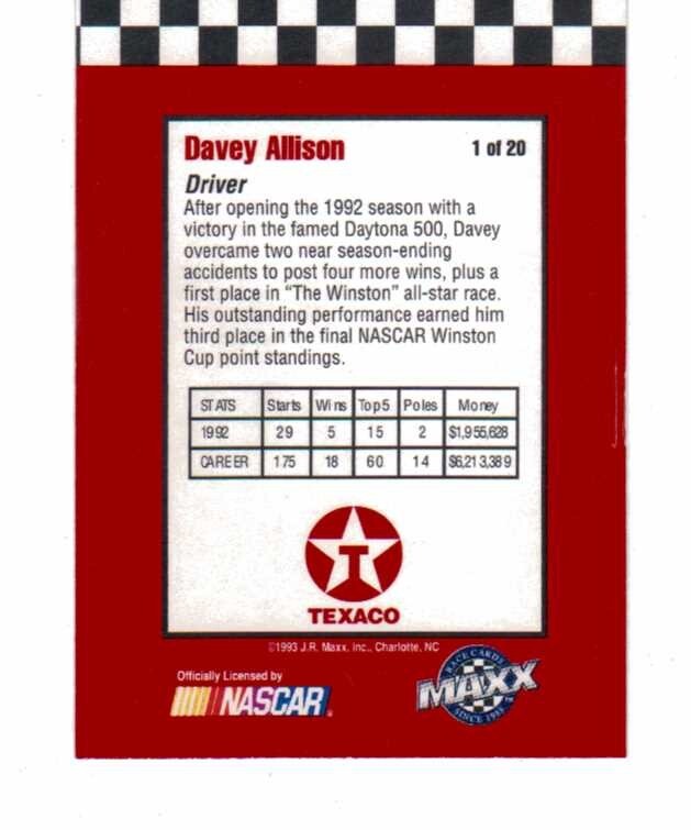 1993 Maxx Texaco Davey Allison Complete 20 Card Set NASCAR Racing