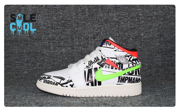 Nike Air Jordan 1 AJ1 Mid GS All Over Logo White Green Shoes