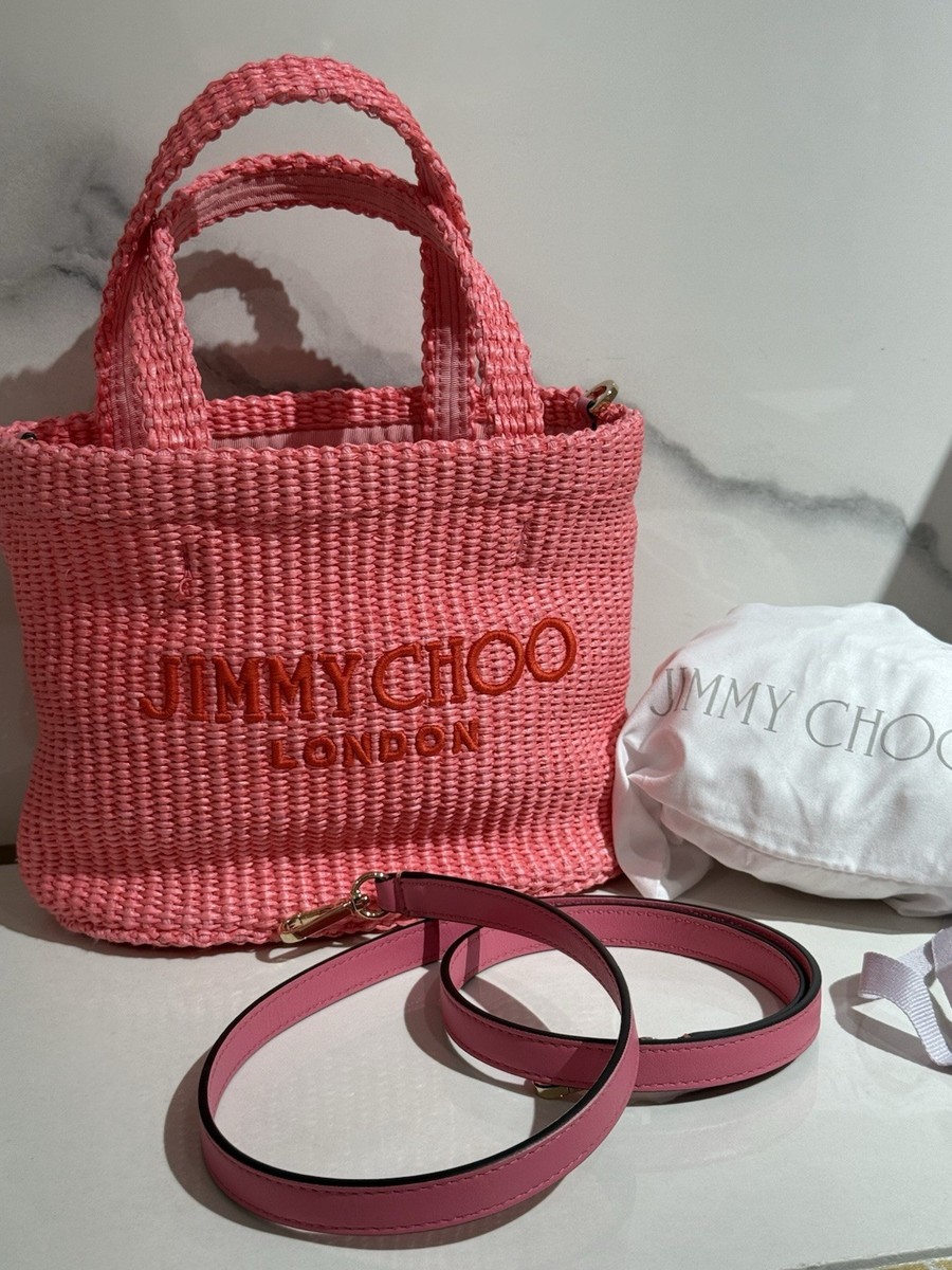 Jimmy Choo East West Raffia Beach Tote Fuchsia Pink Gold Logo
