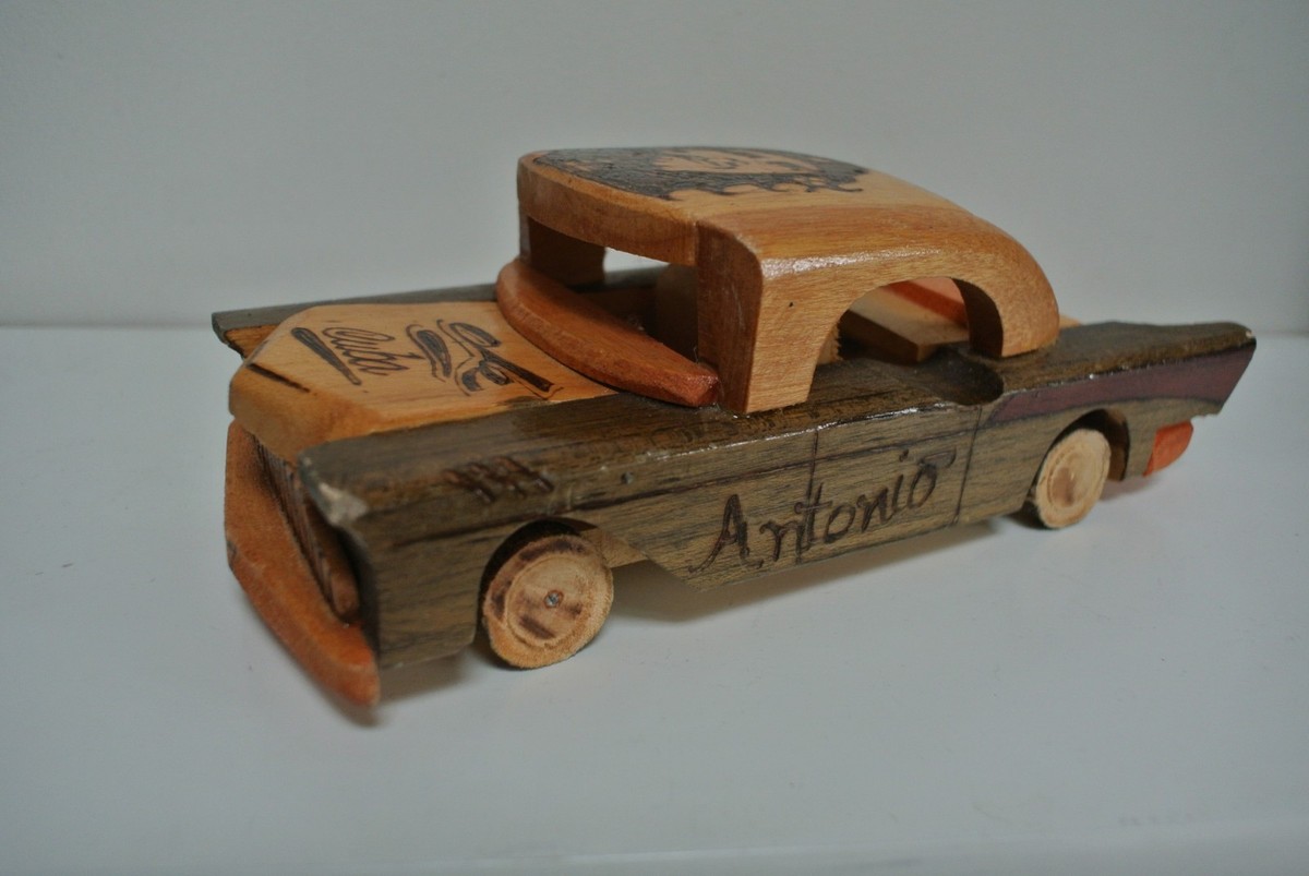 2 X Vintage Cuban Handcrafted Wooden Chevrolet Car with Etched Ch