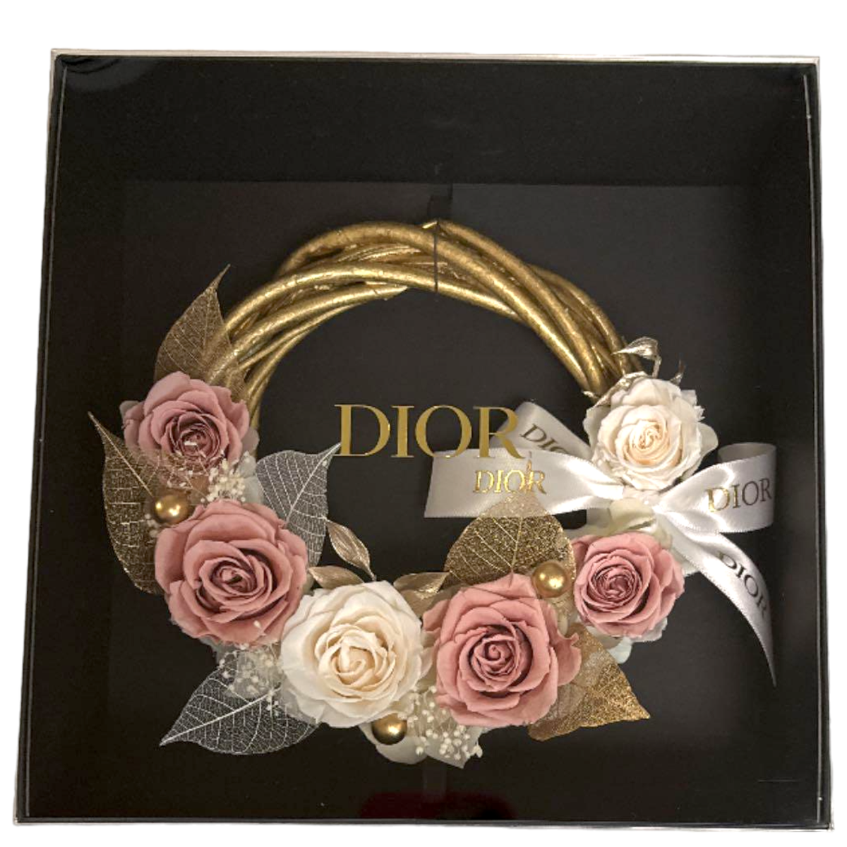 Christian Dior Preserved Pink Rose Flower Weath W/ Acrylic Box NEW