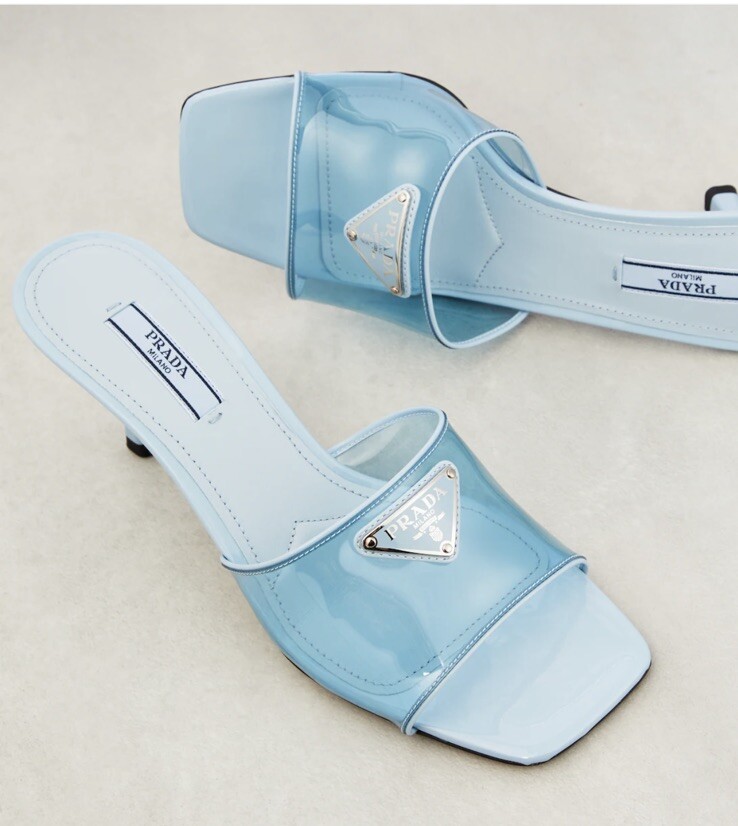 Prada Blue Logo Ciabatte Clear PVC Leather Trim Slide Heels